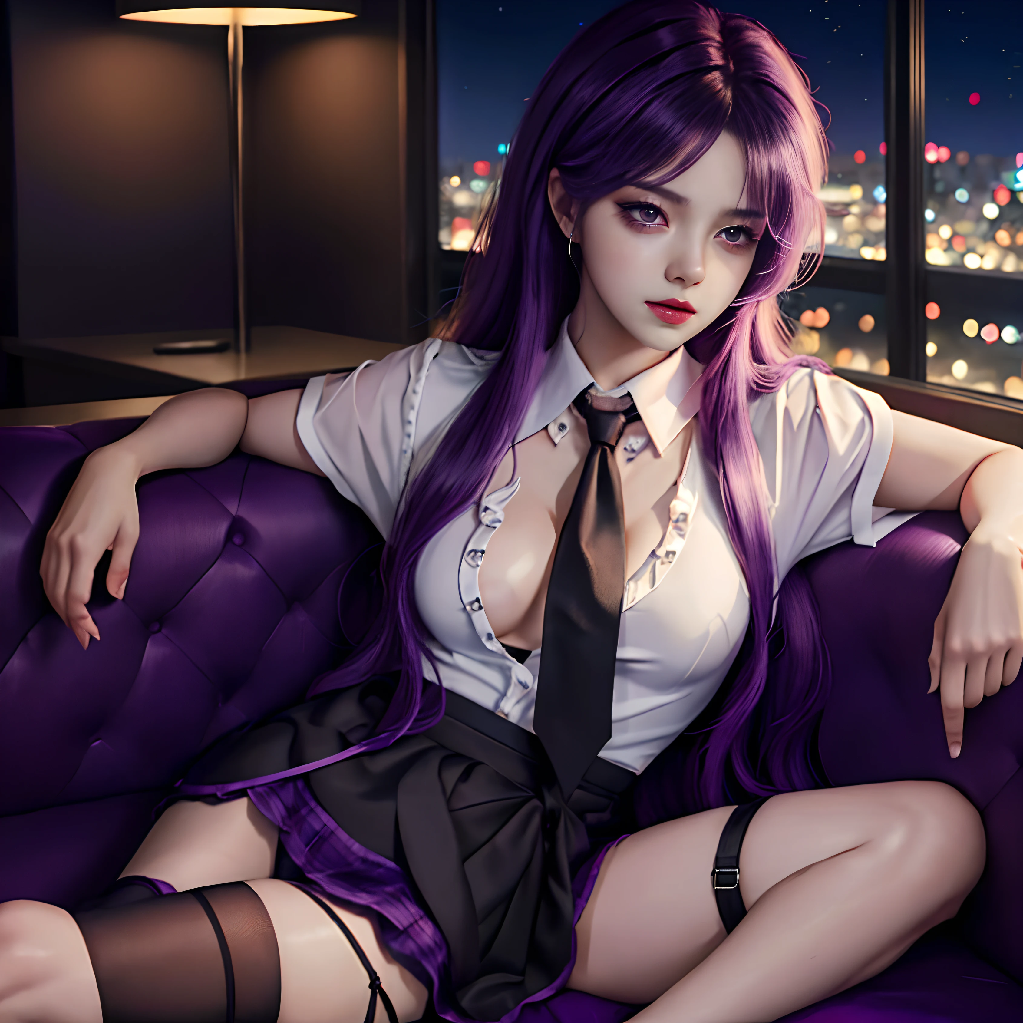 (nsfw:1.3) , anime girl with purple hair and white shirt and tie, cute girl anime visual, portrait anime girl, cute anime girl portrait, beautiful anime girl, beautiful anime portrait, anime style 4k, 4k anime wallpaper, (anime girl), anime wallpaper 4k, anime girl with long hair, anime wallpaper 4k, anime art wallpaper 4k,Daily life, sitting in the seat across from you, sitting shallowly, sleeping habits, spreading your legs a little, skirt lift by myself, cute panties,The is very detailed,Textured skin,Ray traching,the night,liveroom,1beatiful girl,Collapsed to the ground,20yr old,busty figure,Black panty,White collared shirt,black necktie,Purple hair,Long hair and waist,Red eyes,Sleepy,Heart-like pupils,Injuried,necktie,garter,thigh strap,collar,crossed_legs,pantyhose,