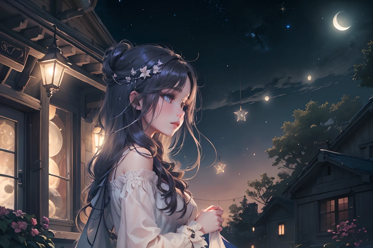 A quiet night，starry sky bright，On the roof sat a girl。She quietly looked up at the starry sky，Enjoy this peaceful evening，The girl wears a light dress，The skirt flutters gently in the wind，Her long hair shimmered in the moonlight，Exudes a fresh breath，Twinkle stars in the night sky，They were like winking at a girl，As if he wanted to share this beautiful moment with her，The bricks of the roof take on an ancient beauty in the moonlight，A stark contrast to the neon lights of the city，The girl gently opened her eyes，She seemed to feel the beauty of this world，Her face appeared quiet and gentle in the starlight，Her body swayed gently with the night breeze，It is as if at one with this peaceful night，The picture is full of tranquil beauty and tenderness，Let people feel the mystery and tranquility of the night sky，view from long distance, Atmospheric lighting, Focus individually, closeup cleavage, seen from the side, depth of fields, Background bokeh，Best quality at best，tmasterpiece，The is very detailed，detailed back ground，