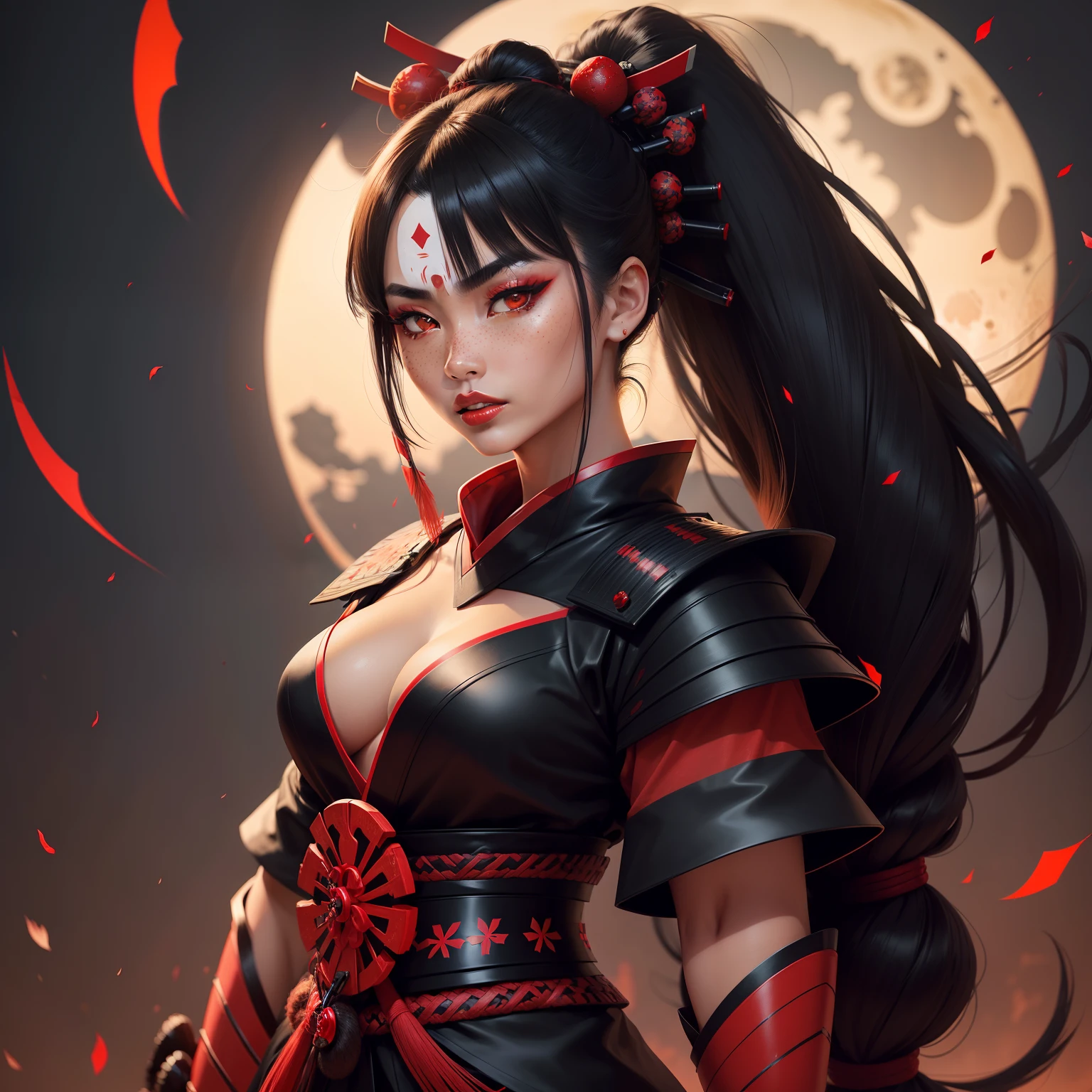 Female samurai warrior, jet black hair, dark skinned tanned, red black, bright moon, freckles on the face, red lipstick, full body, no extra hair, diamond shaped face, cover top, black eyeballs, geisha warrior, brown tan skinned, sexy hair style, extravagant outfit