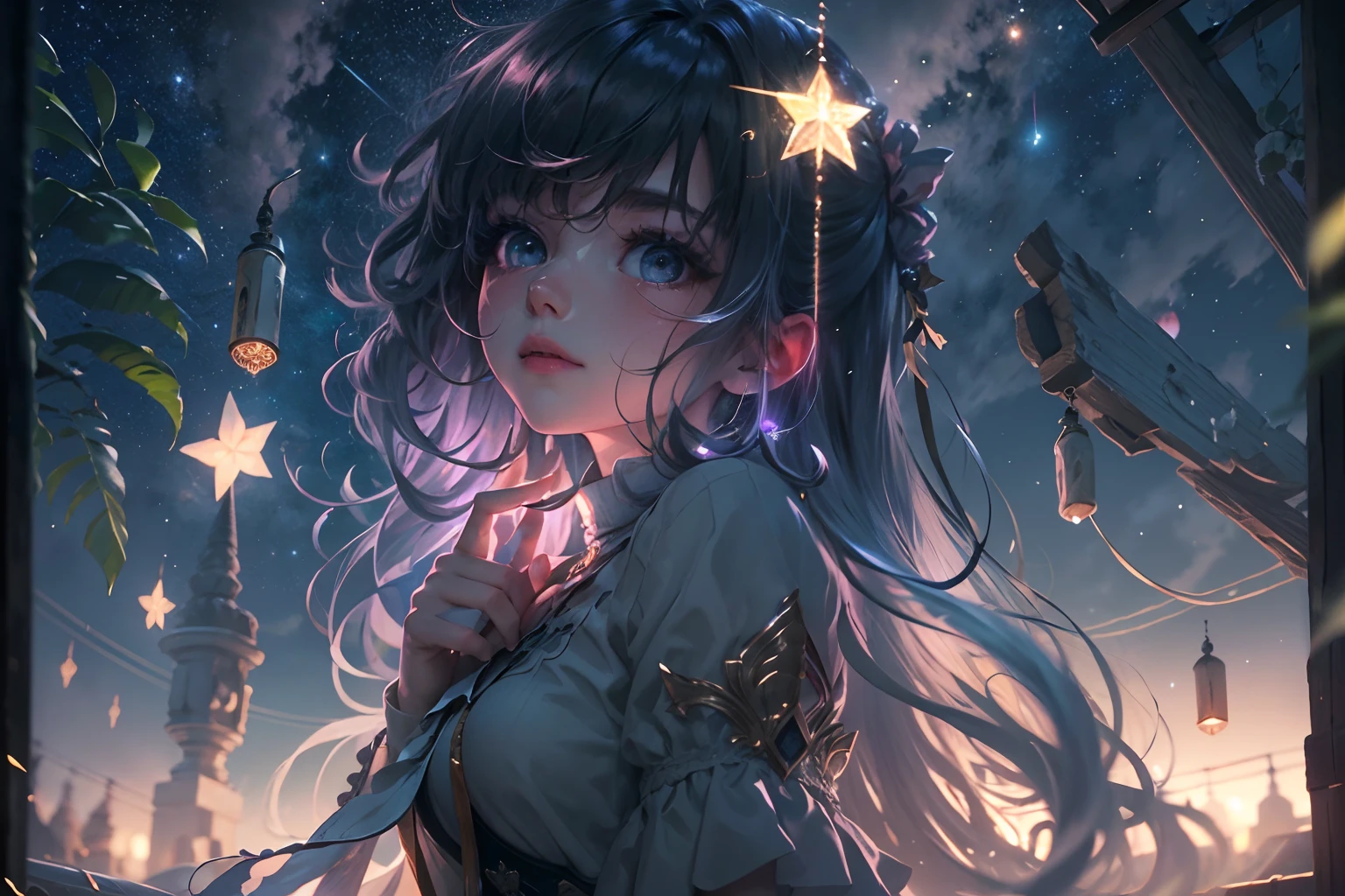 A quiet night，starry sky bright，On the roof sat a girl。She quietly looked up at the starry sky，Enjoy this peaceful evening，The girl wears a light dress，The skirt flutters gently in the wind，Her long hair shimmered in the moonlight，Exudes a fresh breath，Twinkle stars in the night sky，They were like winking at a girl，As if he wanted to share this beautiful moment with her，The bricks of the roof take on an ancient beauty in the moonlight，A stark contrast to the neon lights of the city，The girl gently opened her eyes，She seemed to feel the beauty of this world，Her face appeared quiet and gentle in the starlight，Her body swayed gently with the night breeze，It is as if at one with this peaceful night，The picture is full of tranquil beauty and tenderness，Let people feel the mystery and tranquility of the night sky，view from long distance, Atmospheric lighting, Focus individually, closeup cleavage, seen from the side, depth of fields, Background bokeh，Best quality at best，tmasterpiece，The is very detailed，detailed back ground，