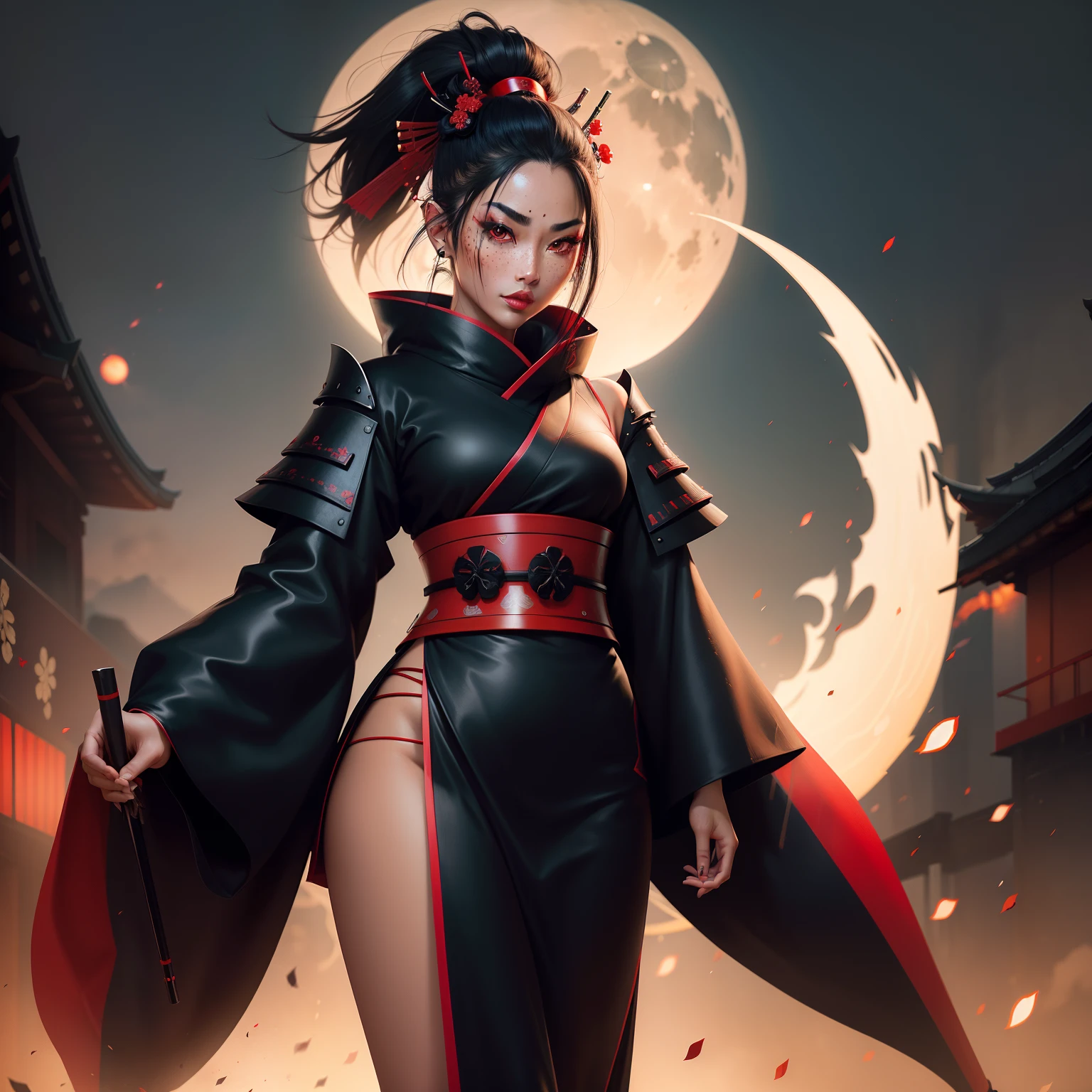 Female samurai warrior, jet black hair, dark skinned tanned, red black, bright moon, freckles on the face, red lipstick, full body, no extra hair, diamond shaped face, cover top, black eyeballs, geisha warrior, brown tan skinned, sexy hair style, extravagant outfit