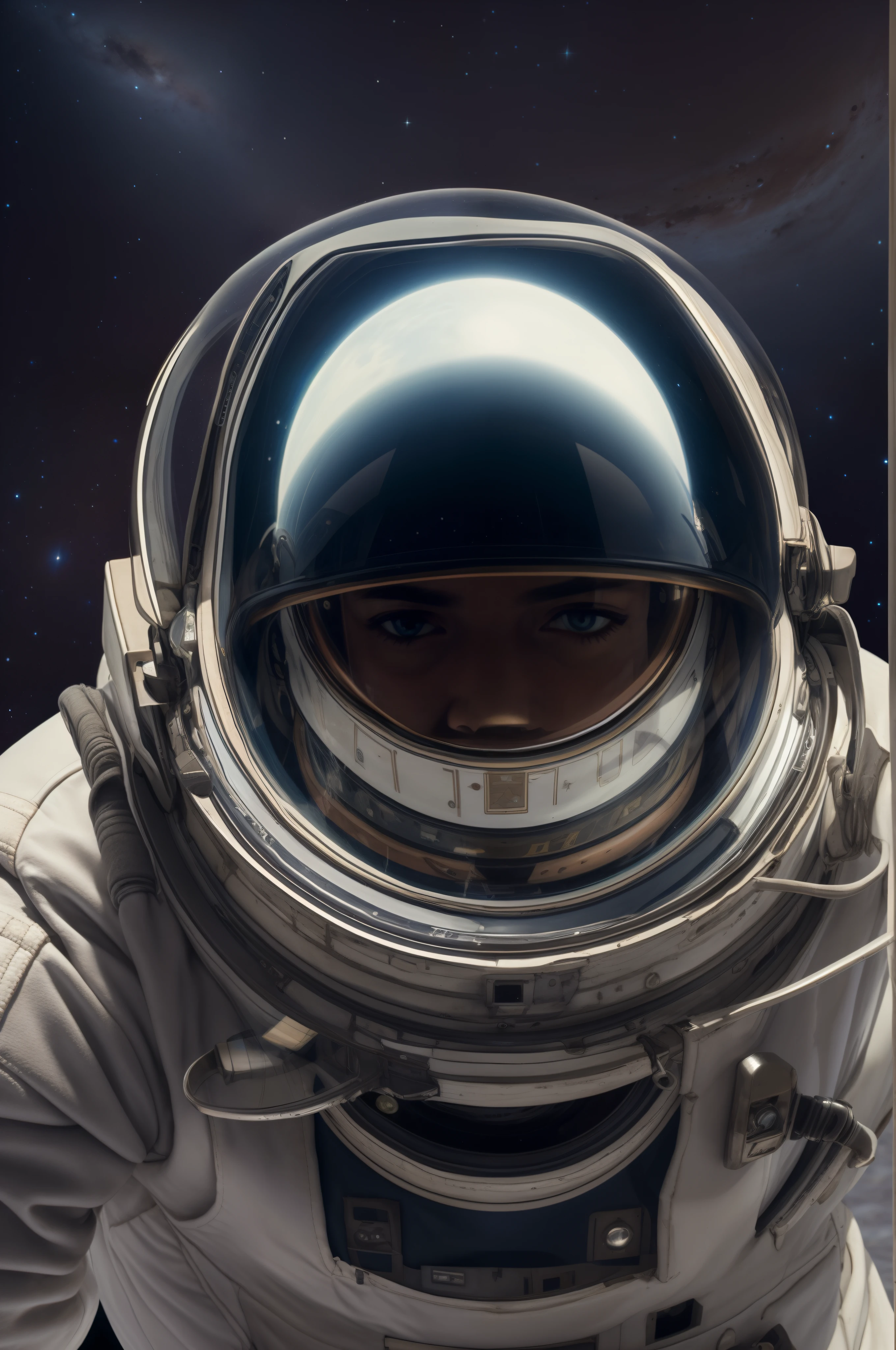 Astronauta em traje espacial com um planeta ao fundo, astronaut lost in liminal space, Retrato de um astronautaa de IA, Retrato de um astronautaa, astronautaa detalhado, traje espacial com um capacete moderno, galaxy reflected in helmet, Retrato do astronautaa, usando um traje espacial e capacete, astronauta, Astronaut in Space, An astronaut in space, astronautaa futurista, lone astronaut