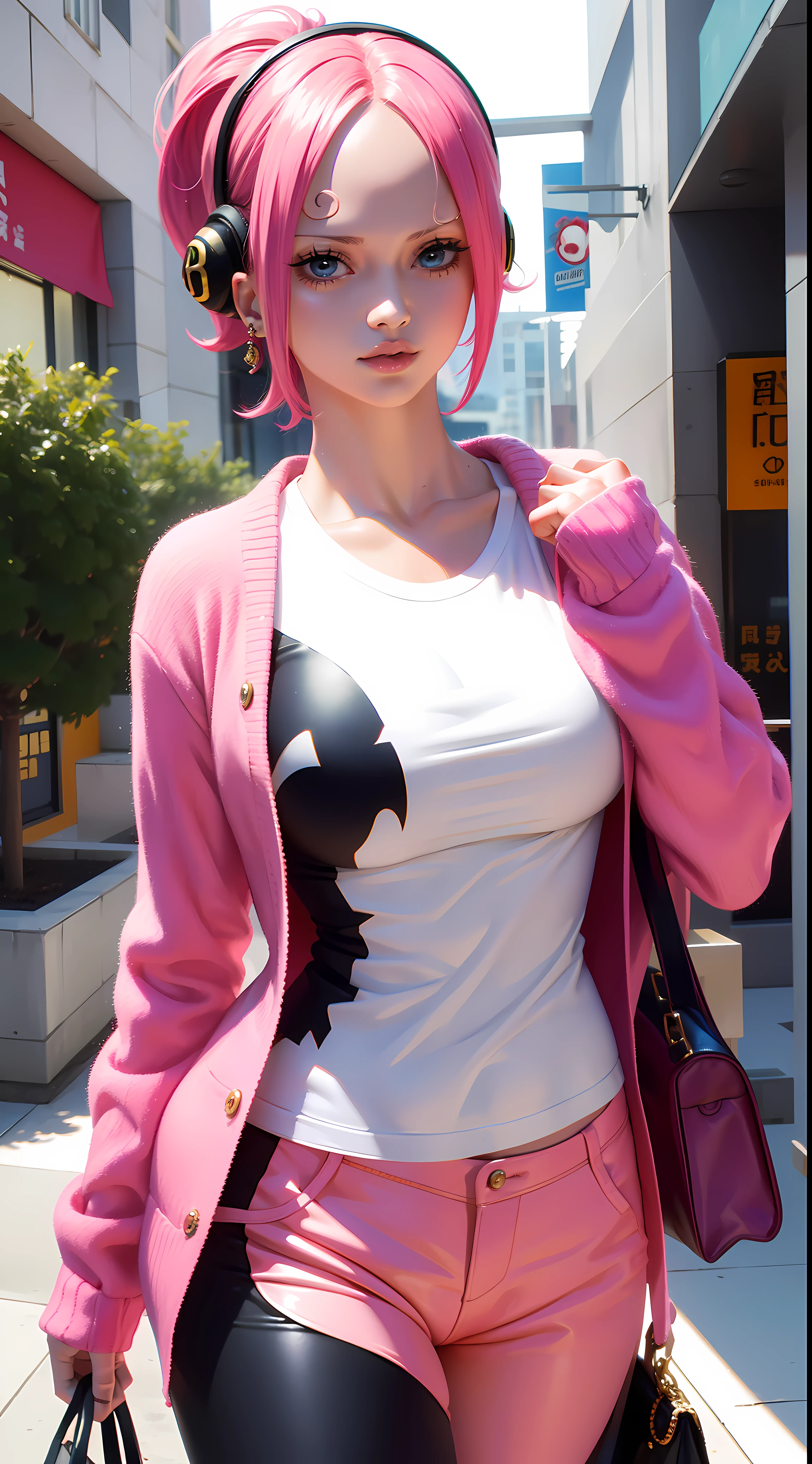 reiju from anime one piece, short hair, pink hair, wears headphones, ponytail, wears mascara, perfect body, perfect breasts, beautiful woman, very beautiful, wears a white shirt, wears a pink cardigan, black pants, wears a handbag, wears wristwatch, wearing earrings, being in a mall, Realism, masterpiece, textured leather, super detailed, high detailed, high quality, best quality, 1080P, HD, 16k