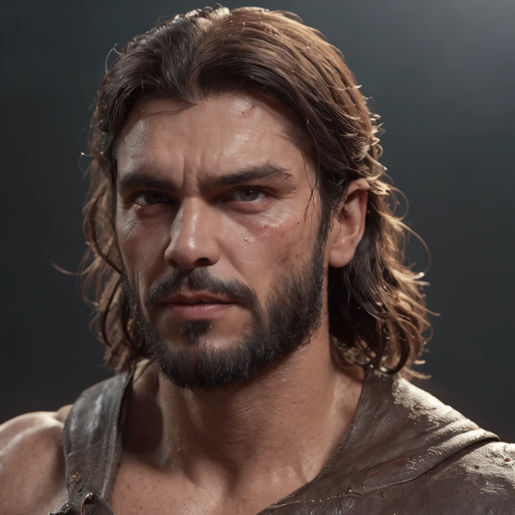 (Professional 3D rendering:1.3) de (Realistic:1.3) Foto de arte mais bonita do mundo，Features soft, bright male heroes, ((Epic hero fantasy rough muscular man wet hero angry look long hair short beard and fierce expression in dynamic pose, fantastic location, majestoso ambiente desordenado)), corpo inteiro 8k unidade render, action shot, poros da pele, very dark lighting, sombreamento pesado, circunstanciado, Rosto detalhado, (vibrante, fotogrdeia realista, Realistic, Dramatic, Escuro, foco nítido, 8k), (Old leather clothes damaged by bad weather:1.4), ((((Use peles)))), (intrincado:1.4), decadente, (altamente detalhado:1.4), pintura digital, rendering by octane, art stations, Conceito-Arte, liso, foco nítido, illustration, germe da arte, (Loish:0.23), Wlop Ilya Kuvshinov, e Greg Rutkowski e Alphonse Mucha Gracias, (global ilumination, studiolight, Light Volumetric), chuva forte, floating particles, patife, fantasia, Onze, corpo inteiroesbian, ((Fundo escuro e antigo da cidade:1.3)),CGSesociedade,art stations