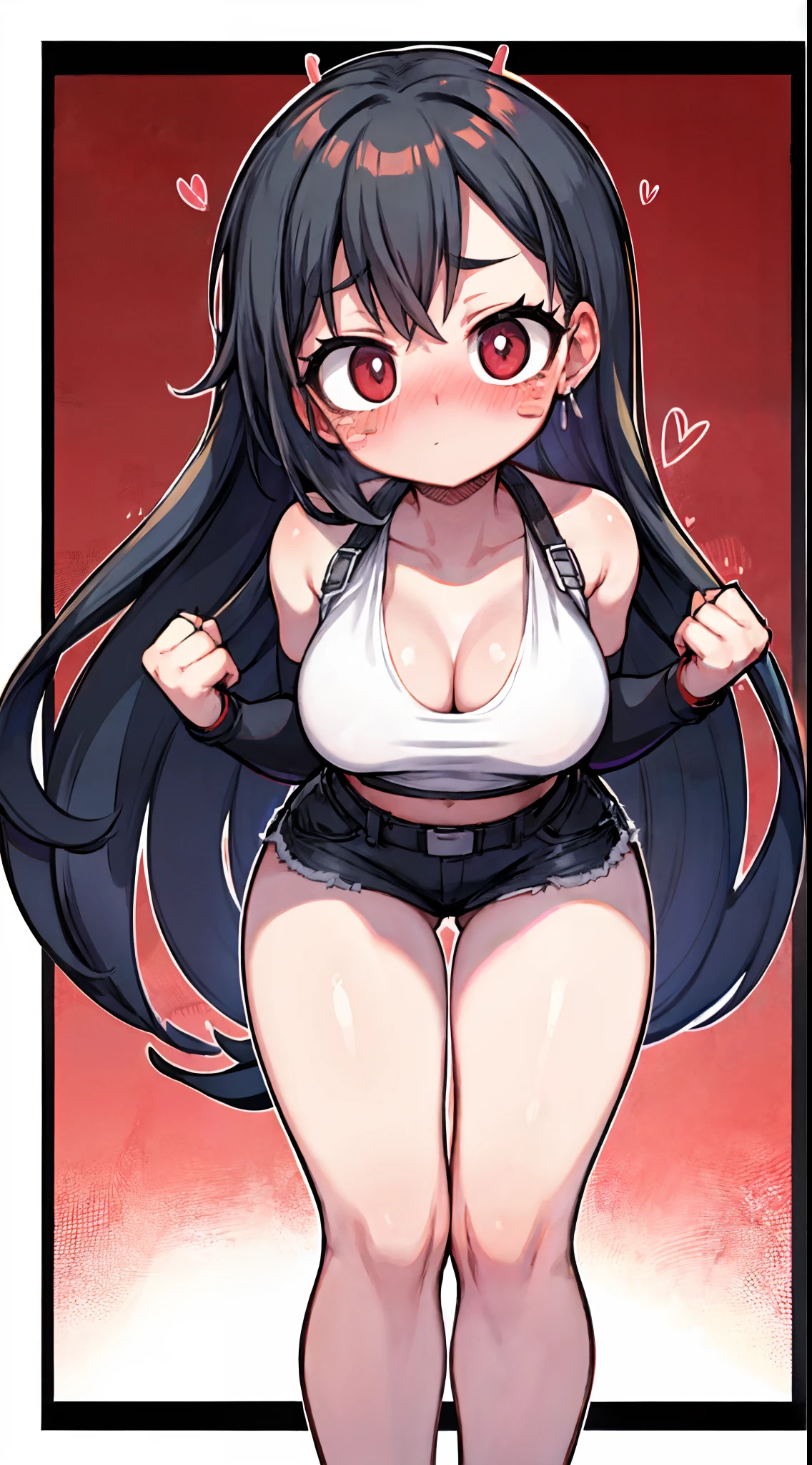 ff Tifa,White border on red background,Bend over,Blush stickers,ahegao,White top,showing waist,ripped short shorts,Hell Whisperer style,Love background,Fleshy thighs,highly rendered,detailed face with