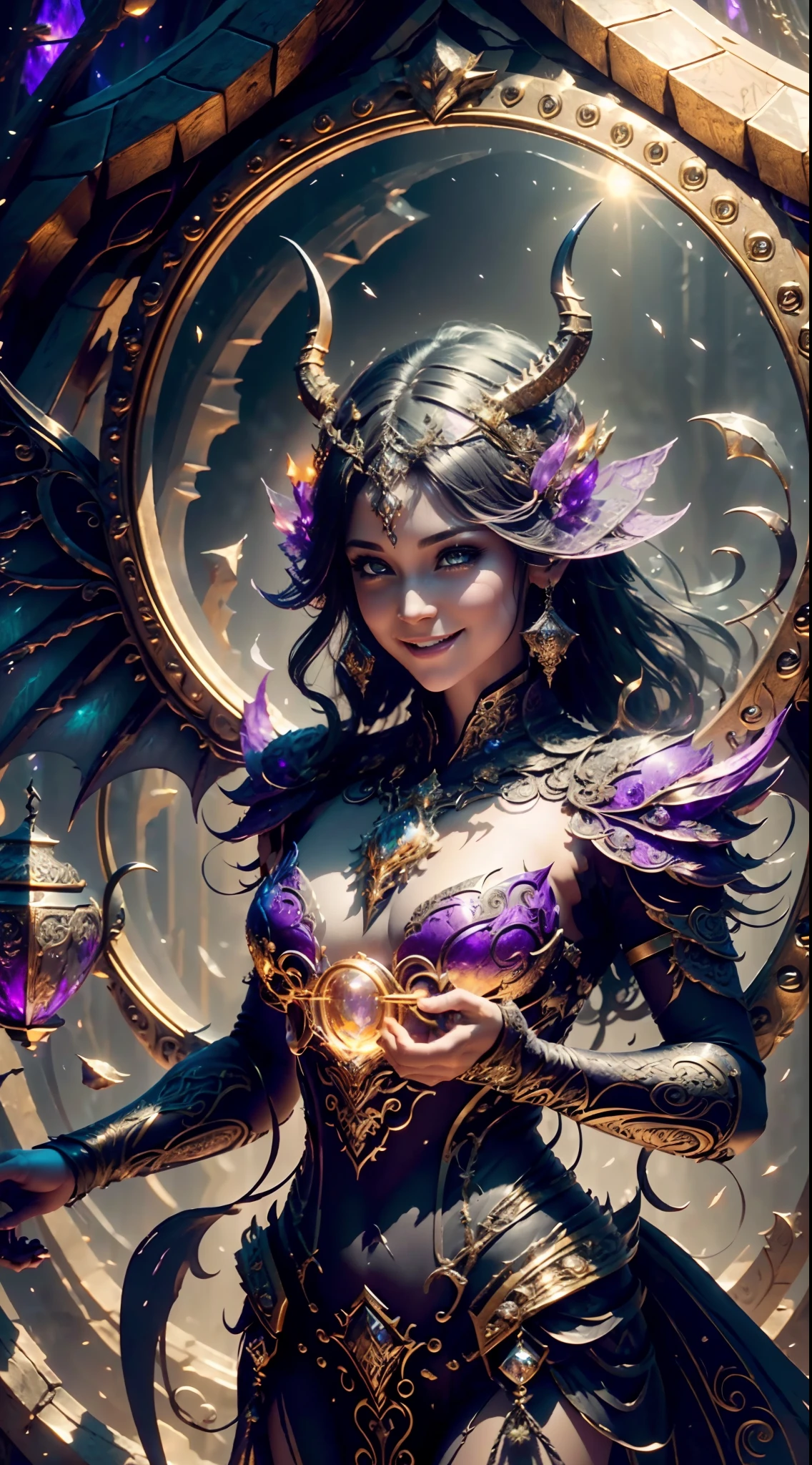 (Cinematic Photo:1.3) from (Realistic:1.3), (Smile:1.3) (Cinematic Photo:1.3) from (Realistic:1.3), (Magic Photo:1.3) from (Realistic:1.3), (Proud:1.3) demonic woman mirror, devil horns, devil wings, Intricate Surface Detail, Crystal Core, Bejeweled, Delicate close up dress, Highly detailed fantasy character, Stunning community, Intricate décor, Detailed fantasy digital art, cgsociety 9, behance fantasy art, 4k fantasy detail, detailed fantasy art, 8k high quality detail art, cgociety, Sparklecore, Hyperrealistic, Dreamlike, Ethereal Fantasy, Realistic, Fiction, Full-HD, HD, 8K, Soft Lighting, Beautiful Lighting, Incredibly Detailed, Naturalism, Land art, regionalism , contest winner shutterstock, (zentangle:1.2), (random background:1.5), (photographed with a Nikon D7500 with a Nikon 18-300mm lens, 1/640, f/6.3, ISO800),