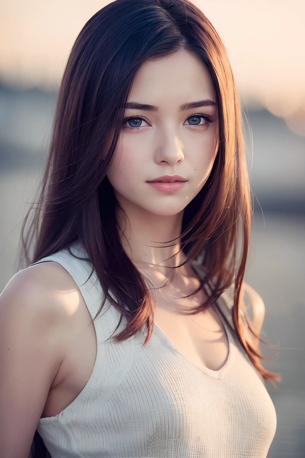 (8k, Best Quality, Masterpiece: 1.2), (Realistic, Realistic:1.37), Ultra Detailed, 1 Girl, Cute, Solo, Beautiful Detailed Sky, Dating, (Nose Red), (Smile: 1.15), (Shut Up) Small Breasts, Beautiful Delicate Eyes, (Long Hair: 1.2), Flowing Hair NovaFrogStyle, Upper body, Vest