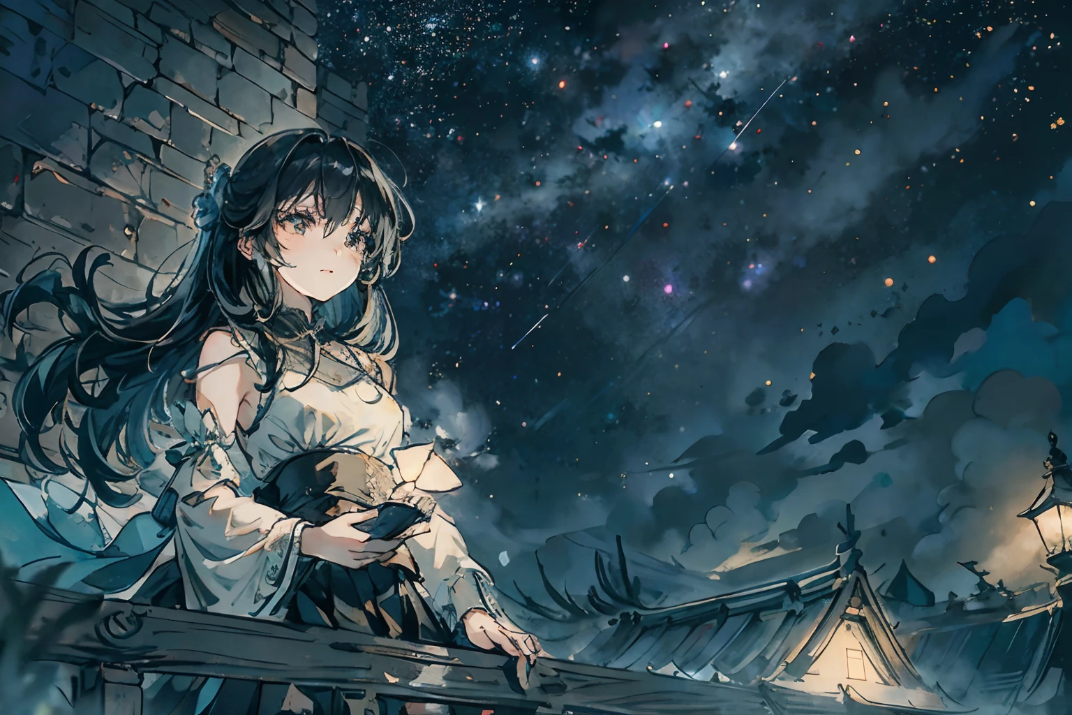 A quiet night,starry sky bright,On the roof sat a girl。She quietly looked up at the starry sky,Enjoy this peaceful evening,The girl wears a light dress,The skirt flutters gently in the wind,Her long hair shimmered in the moonlight,Exudes a fresh breath,Twinkle stars in the night sky,They were like winking at a girl,As if he wanted to share this beautiful moment with her,The bricks of the roof take on an ancient beauty in the moonlight,A stark contrast to the neon lights of the city,The girl gently opened her eyes,She seemed to feel the beauty of this world,Her face appeared quiet and gentle in the starlight,Her body swayed gently with the night breeze,It is as if at one with this peaceful night,The picture is full of tranquil beauty and tenderness,Let people feel the mystery and tranquility of the night sky,view from long distance, Atmospheric lighting, Focus individually, closeup cleavage, seen from the side, depth of fields, Background bokeh,Best quality at best,tmasterpiece,The is very detailed,detailed back ground,