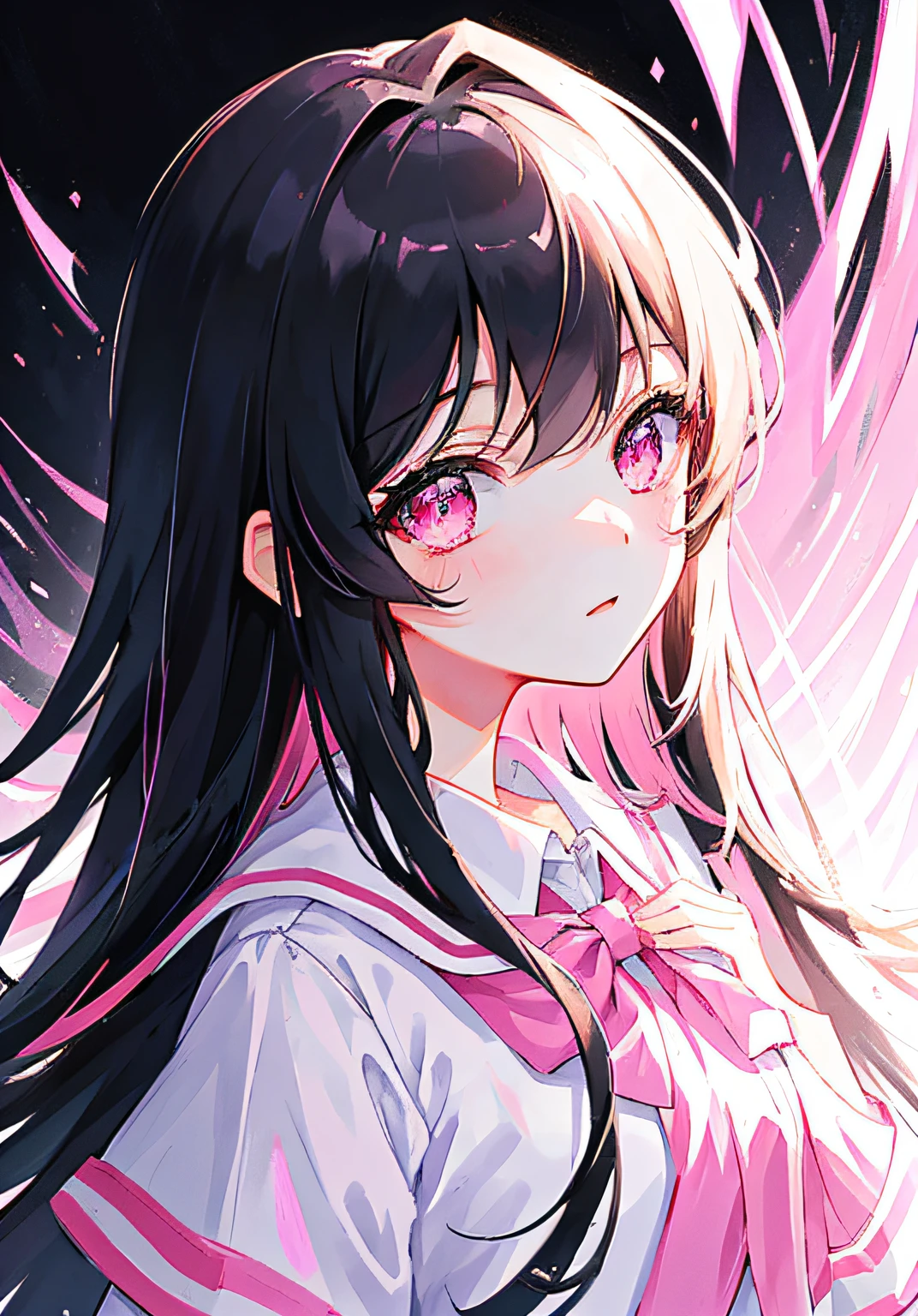 Masterpiece, Best quality, Ultra-detailed, illustration, Portrait, 1girll, black_Hair, Pink eyes,  Long hair,  school uniform,