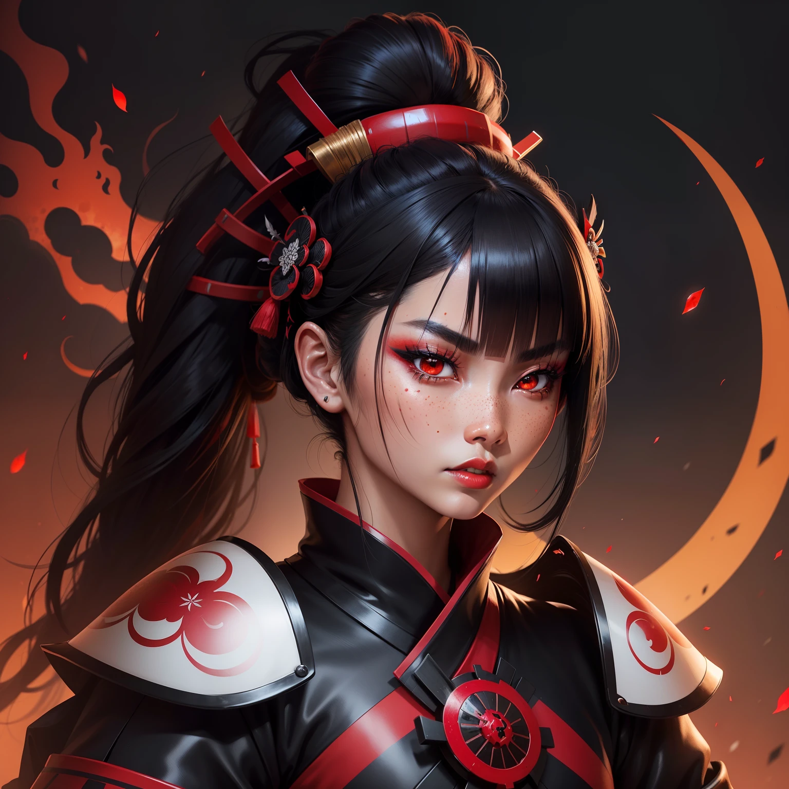 Female samurai warrior, jet black hair, dark skinned tanned, red black, bright moon, freckles on the face, red lipstick, full body, no extra hair, diamond shaped face, cover top, black eyeballs, geisha warrior, brown tan skinned, sexy hair style, extravagant outfit