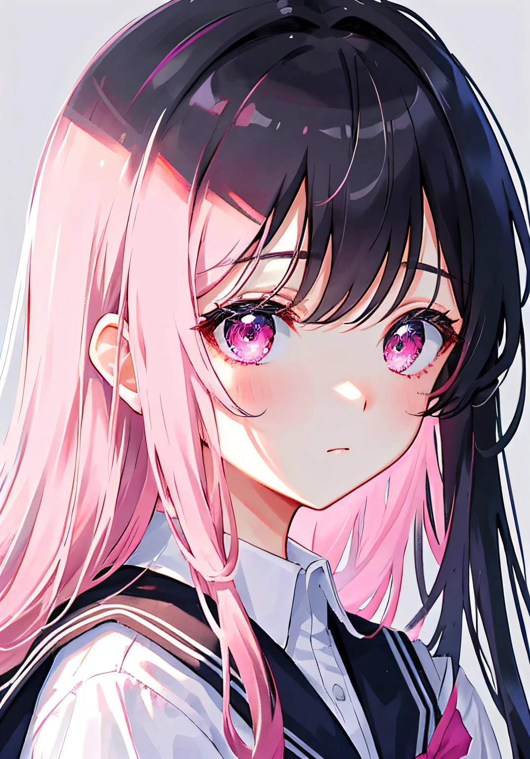 Masterpiece, Best quality, Ultra-detailed, illustration, Portrait, 1girll, black_Hair, Pink eyes,  Long hair,  school uniform,