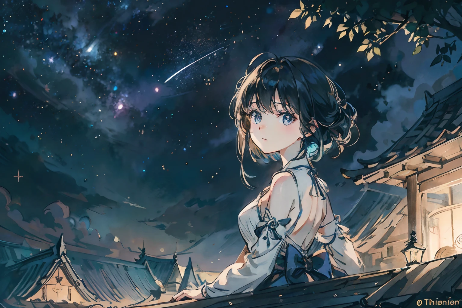 A quiet night,starry sky bright,On the roof sat a girl。She quietly looked up at the starry sky,Enjoy this peaceful evening,The girl wears a light dress,The skirt flutters gently in the wind,Her long hair shimmered in the moonlight,Exudes a fresh breath,Twinkle stars in the night sky,They were like winking at a girl,As if he wanted to share this beautiful moment with her,The bricks of the roof take on an ancient beauty in the moonlight,A stark contrast to the neon lights of the city,The girl gently opened her eyes,She seemed to feel the beauty of this world,Her face appeared quiet and gentle in the starlight,Her body swayed gently with the night breeze,It is as if at one with this peaceful night,The picture is full of tranquil beauty and tenderness,Let people feel the mystery and tranquility of the night sky,view from long distance, Atmospheric lighting, Focus individually, closeup cleavage, seen from the side, depth of fields, Background bokeh,Best quality at best,tmasterpiece,The is very detailed,detailed back ground,