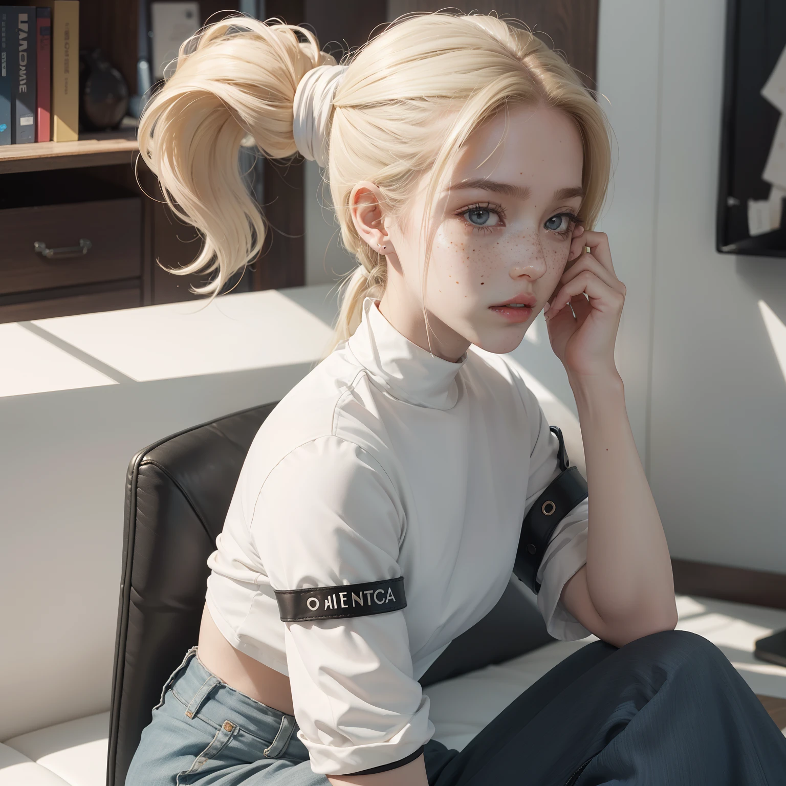 uma mulher, americana, 25 anos, pale skin and freckles, olhos cinzas, nariz delicado, soft and delicate lips, cabelo blondie cinza, ponytail, corpo proporcional e delineado, vestindo jaqueta cropped vermelha Adidas, with white shirt with a knot, black leather pants, coturno preto, with an iPhone in hand, mega Tokyo de dia, ultrarrealista HD altamente renderizado fotorrealista, luz natural