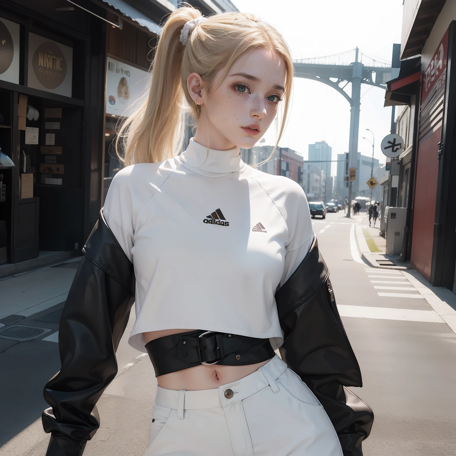 uma mulher, americana, 25 anos, pale skin and freckles, olhos cinzas, nariz delicado, soft and delicate lips, cabelo blondie cinza, ponytail, corpo proporcional e delineado, vestindo jaqueta cropped vermelha Adidas, with white shirt with a knot, black leather pants, coturno preto, with an iPhone in hand, mega Tokyo de dia, ultrarrealista HD altamente renderizado fotorrealista, luz natural
