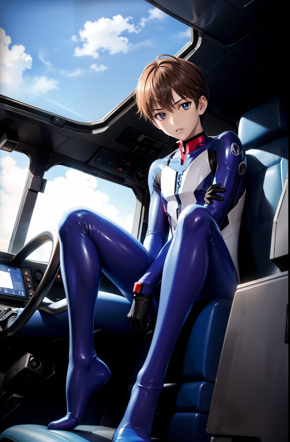 Shin Evangelion，shinji，Blue latex combat suit，tightsuit，male people，Full body photo，Sitting in the combat cockpit，Muscular body，male people