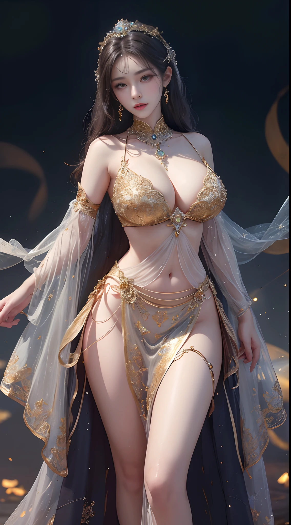 Woman in a golden transparent dress,view the viewer,(((Huge breasts, Large cleavage))),Slim waist,(navel baring,Bare waist), Long hair, Ultra-detailed details,High-end Zhenyi station, Rainstorm site, detailed fantasy art, Stunning character art, Beautiful and exquisite character art, Beautiful gold and silver armor, Extremely detailed, Girl in shiny armor, Exquisite tiaras and jewelry,Crystal jewelry filigree, milky ways, Stunning visuals, (dynamic streaks, light tracks:1.2), Vibrant colors,