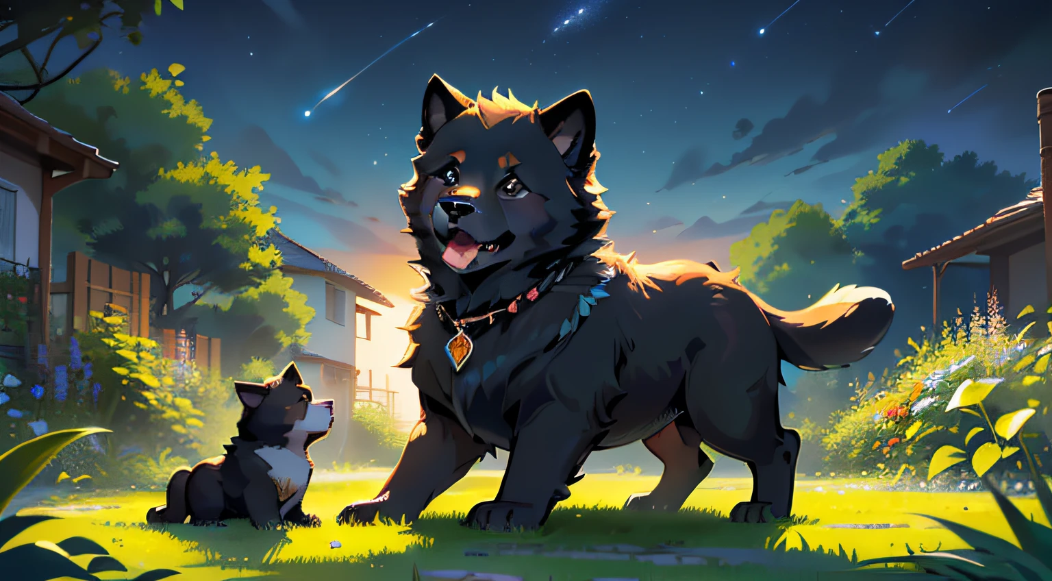 (master part, charming illustration of a cute black Chow Chow puppy in a garden:1.3), 
(Captivating representation designed to engage children's imagination:1.2), 
(meticulously illustrated with attention to capture the adorable essence of the breed:1.2), 
(a flacidez e a cor distintas do filhote de cachorro Chow Chow aumentam sua fofura:1.1), 
(Set within a nighttime sky setting with a shooting star scratching the sky, deixando um rastro luminoso:1.1), 
(fechando os olhos e fazendo um desejo enquanto olha para a estrela cadente.:1.1), 
(Detalhamento meticuloso da pele do filhote, capturando sua textura macia:1.1), 
(A portrait that invites children to imagine playful interactions in a cheerful outdoor environment:1.1), 
(uma imagem que exala calor, confortar, e a alegria do companheirismo:1.1), 
(an illustration that encourages storytelling and creativity through visual exploration:1.1), 
(A work of art that captures the innocence and wonder of childhood and the charm of a beloved furry friend:1.1))