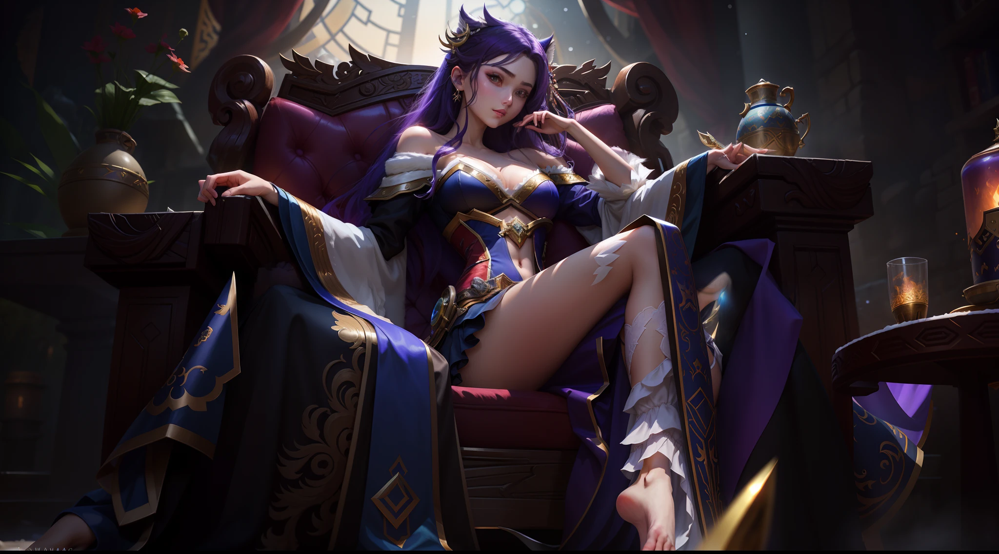 Arafard's female character sits on the throne,Holding a sword, league of legends character art, League of Legends concept art, Silas, league of legends splashart, League of Legends character, league of legends art, from league of legends, Riot game concept art, by Yang J, league of legends style art, league of legends splashart, league of legends champion,komono, Hanfu,Taoist uniform,Off-the-shoulder attire,shift dresses,Lolita prostitute,relaxing on the couch, Motion blur, Depth of field means reflection,extreme light,fog atmosphere,The moonlight shone on the side of the girl's face,22 year old,realisticlying,no-bra,vacuum,Extra-long sleeves,Long off-the-shoulder dress,huge tit,cleavage,Full length of colorful hair(1.9),Color gradient for long hair,Messy hair,Barefoot,Full body like,realskin,realcumAI,Snow-white skin,Snow-white thighs,Top image quality,Extreme light and shadow,White panty hose,High details,Standing painting,lines of movement,dynamicposes,komono,PC Wallpapers,Two-thirds of the canvas generates the body,move chart