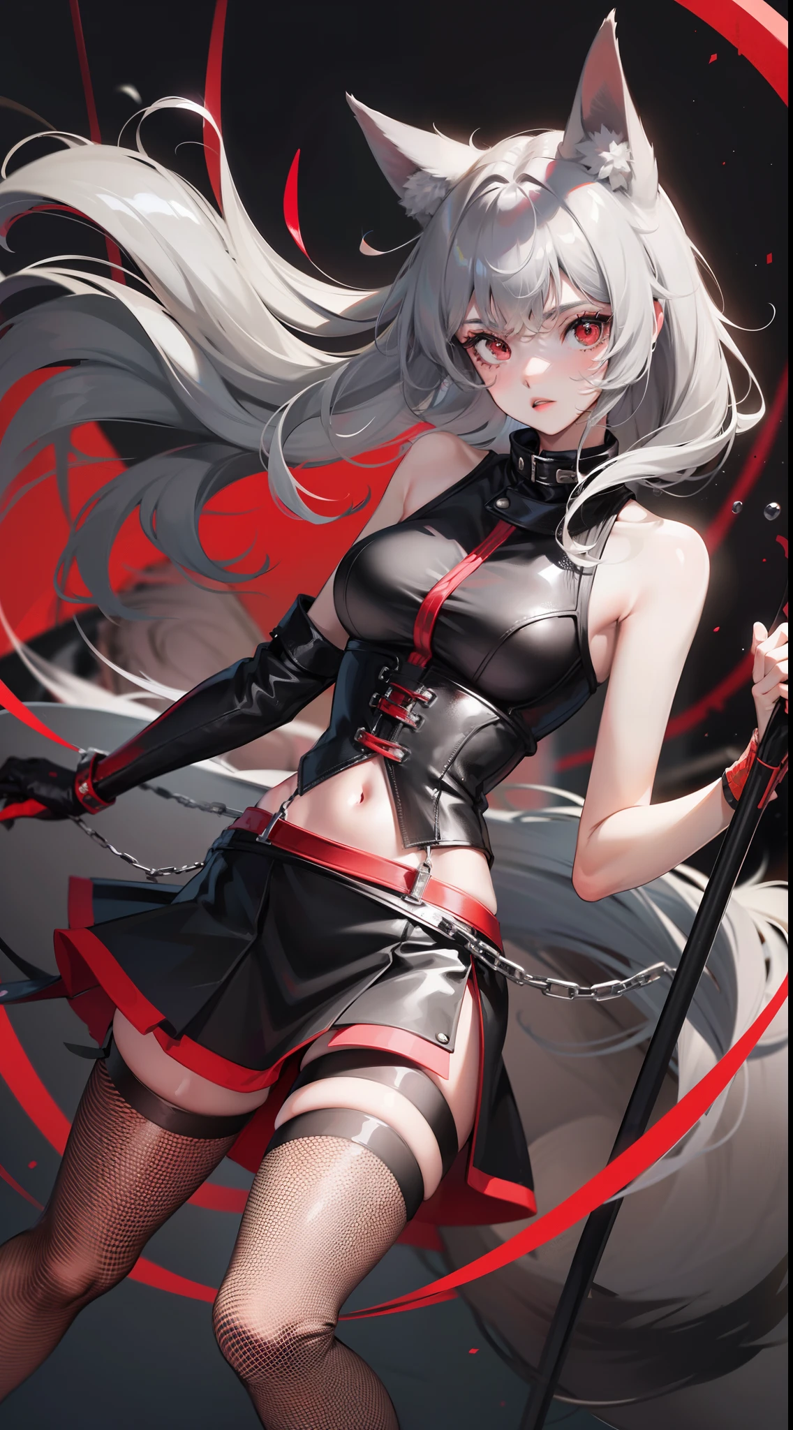 adult girl, Gray hair of medium length, red eyes, wolf ears, Red tight top, Sleeveless, fishnet tights, leather skirt, Masterpiece, hiquality