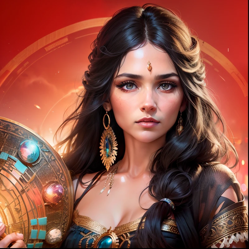 Create image of a beautiful gypsy woman holding a gypsy deck dramatic lighting, digital art trending on Artstation 8k HD high definition detailed realistic, circunstanciado, textura da pele, hiper detalhado, textura de pele realista, armadura, melhor qualidade, ultra high-resolution, (fotorrealista:1.4), high resolution, circunstanciado, Foto RAW, sharp re, by Lee Jeffries Nikon D850 film Stock Photography 4 Kodak Portra 400 camera F1.6 lens rich colors hyper realistic lifelike texture dramatic lighting unrealengine trending on artstation cinestill 800,