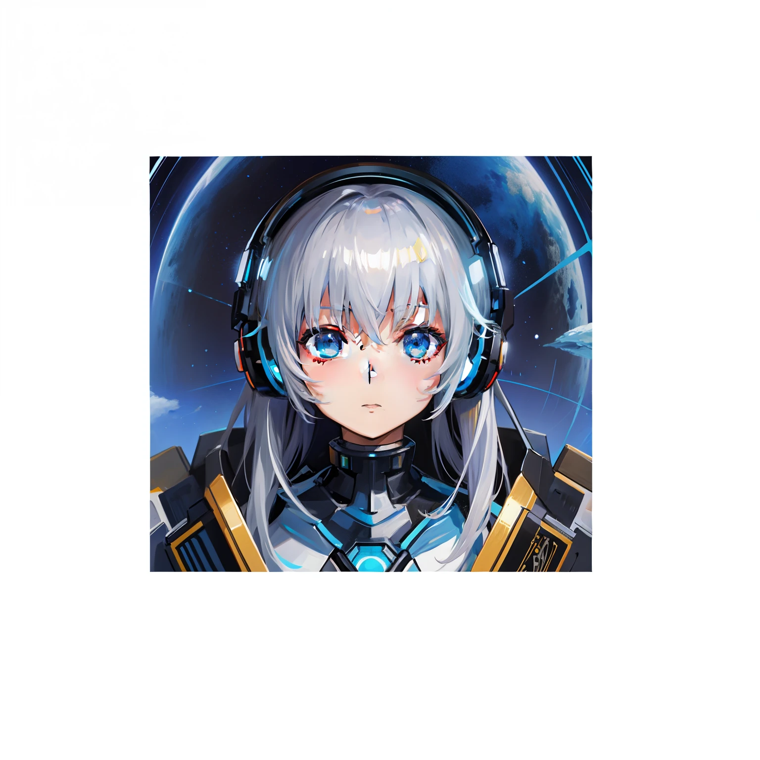 Anime characters with headphones and blue background, portrait anime space cadet girl, perfect android girl, girls frontline universe, android heroine, From the night of the ark, arknight, crisp clear rpg portrait, cyborg - girl with silver hair, Waifu, Retrato Armored Astronauta Menina, Portrait Chevaliers du Zodiaque Fille, Official artwork, gear aurora, biblical female android, inspired by Leng Mei
