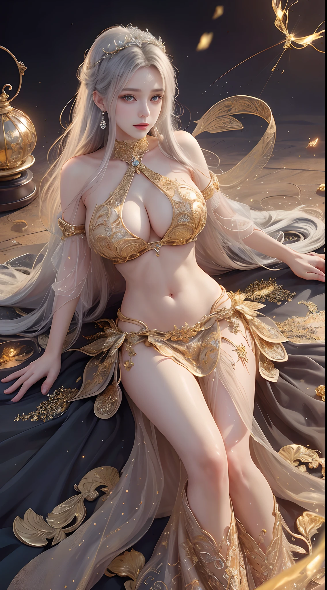 Woman in a golden transparent dress,view the viewer,(((Huge breasts, Large cleavage))),Slim waist,(navel baring,Bare waist), Long hair, Ultra-detailed details,High-end Zhenyi station, Rainstorm site, detailed fantasy art, Stunning character art, Beautiful and exquisite character art, Beautiful gold and silver armor, Extremely detailed, Girl in shiny armor, Exquisite tiaras and jewelry,Crystal jewelry filigree, milky ways, Stunning visuals, (dynamic streaks, light tracks:1.2), Vibrant colors,