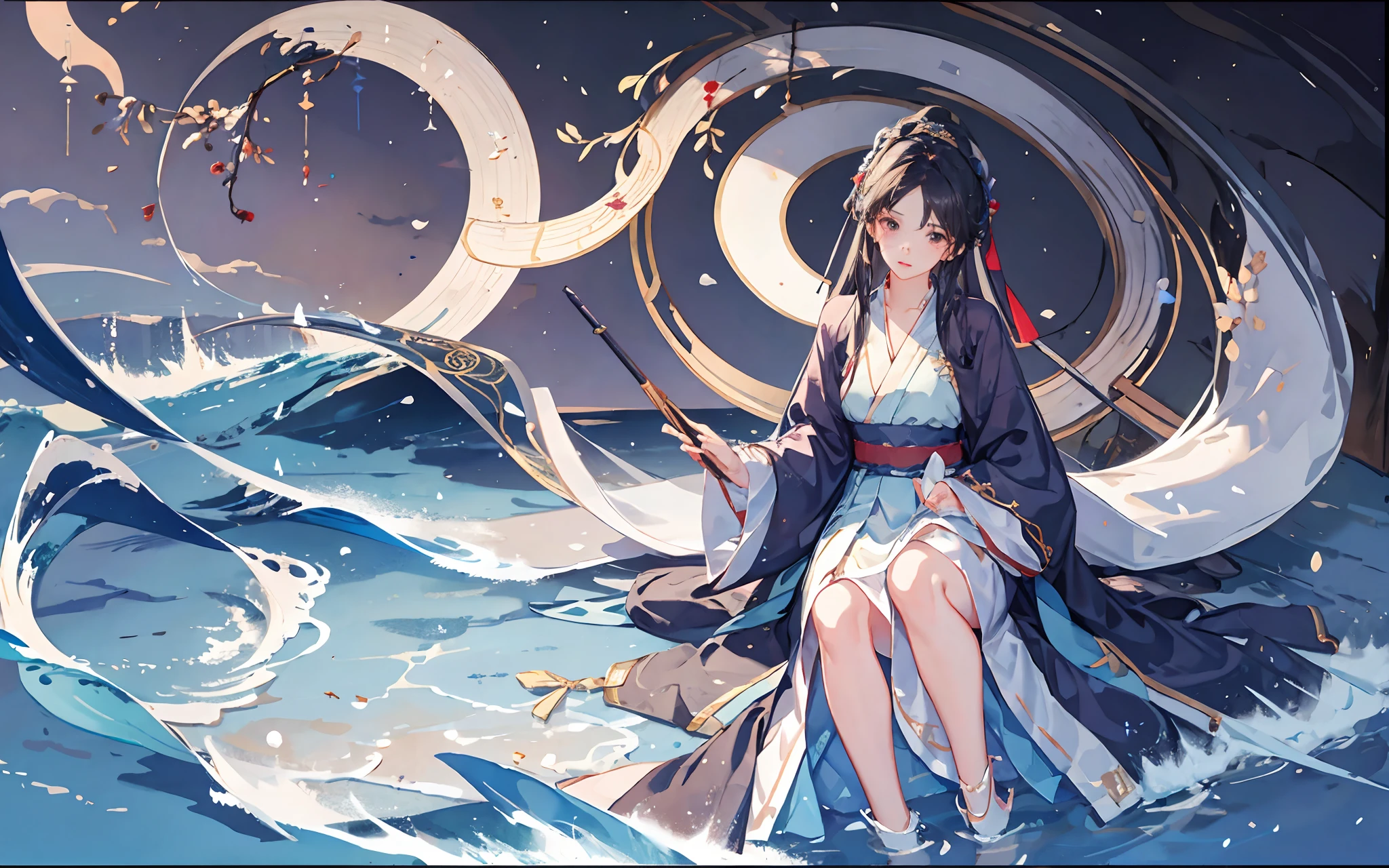 Girl in Hanfu holding a spear in the sea and moon