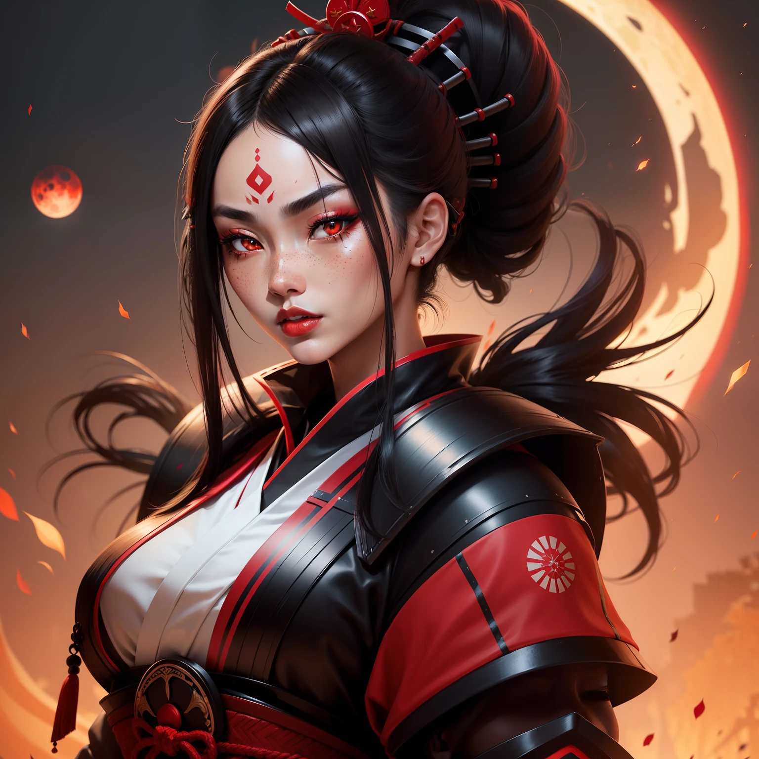 Female samurai warrior, jet black hair, dark skinned tanned, red black, bright moon, freckles on the face, red lipstick, full body, no extra hair, diamond shaped face, cover top, black eyeballs, geisha warrior, brown tan skinned, sexy hair style, extravagant outfit