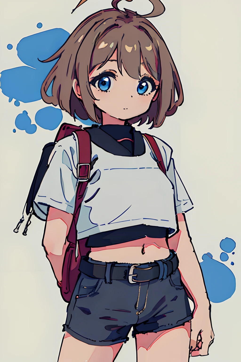 (masterpiece, best quality;1.3), extremely detailed ,ultra detailed,  1GIRL,solo, looking at viewer,  
umihara kawase, ahoge, black crop top, blue shorts, belt, backpack,