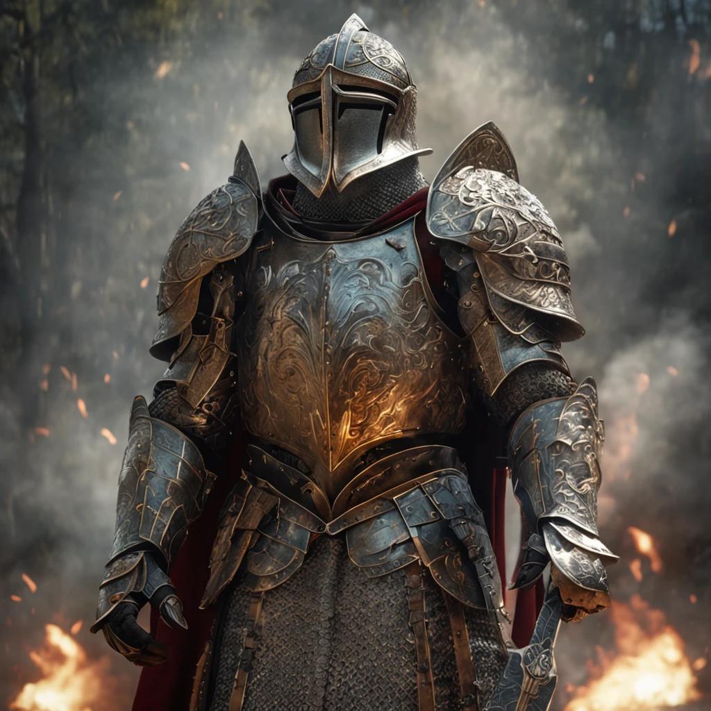An imposing knight dressed in heavy armor stands on the battlefield, empunhando um enorme machado de batalha. His armor glows with metallic sheen, showing his strength and defensive ability. The intricate details of the armor add to its striking appearance. The background is full of smoke, criando uma atmosfera tensa e intensa de batalha. This high-quality image captures the essence of a heavily armored knight, perfect for projects that require a sense of power and determination.