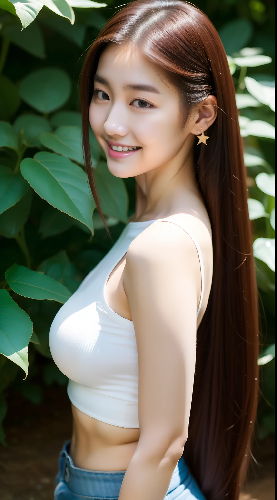 realistic photos of (1 cute Korean star) hair intakes, white skin, thin makeup, 32 inch breasts size, slightly smile, wearing tube top, pants, at the farm, from side, 16k