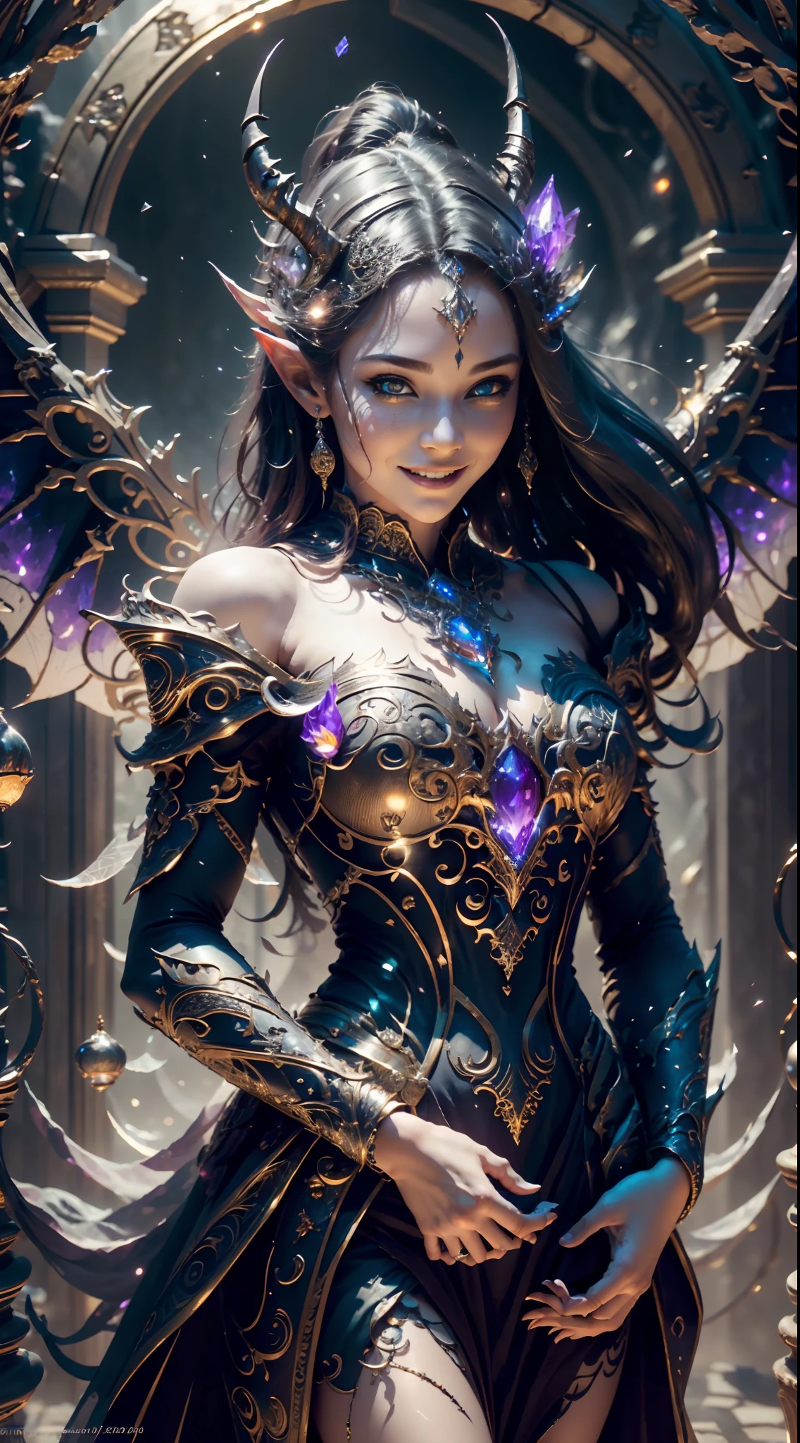 (Cinematic Photo:1.3) from (Realistic:1.3), (Smile:1.3) (Cinematic Photo:1.3) from (Realistic:1.3), (Magic Photo:1.3) from (Realistic:1.3), (Proud:1.3)  demonic woman mirror, devil horns, devil wings, Intricate Surface Detail, Crystal Core, Bejeweled, Delicate close up dress, Highly detailed fantasy character, Stunning community, Intricate décor, Detailed fantasy digital art, cgsociety 9, behance fantasy art, 4k fantasy  detail, detailed fantasy art, 8k high quality detail art, cgociety, Sparklecore, Hyperrealistic, Dreamlike, Ethereal Fantasy, Realistic, Fiction, Full-HD, HD, 8K, Soft Lighting, Beautiful Lighting, Incredibly Detailed, Naturalism, Land art, regionalism  , contest winner shutterstock, (zentangle:1.2), (random background:1.5), (photographed with a Nikon D7500 with a Nikon 18-300mm lens, 1/640, f/6.3, ISO800),