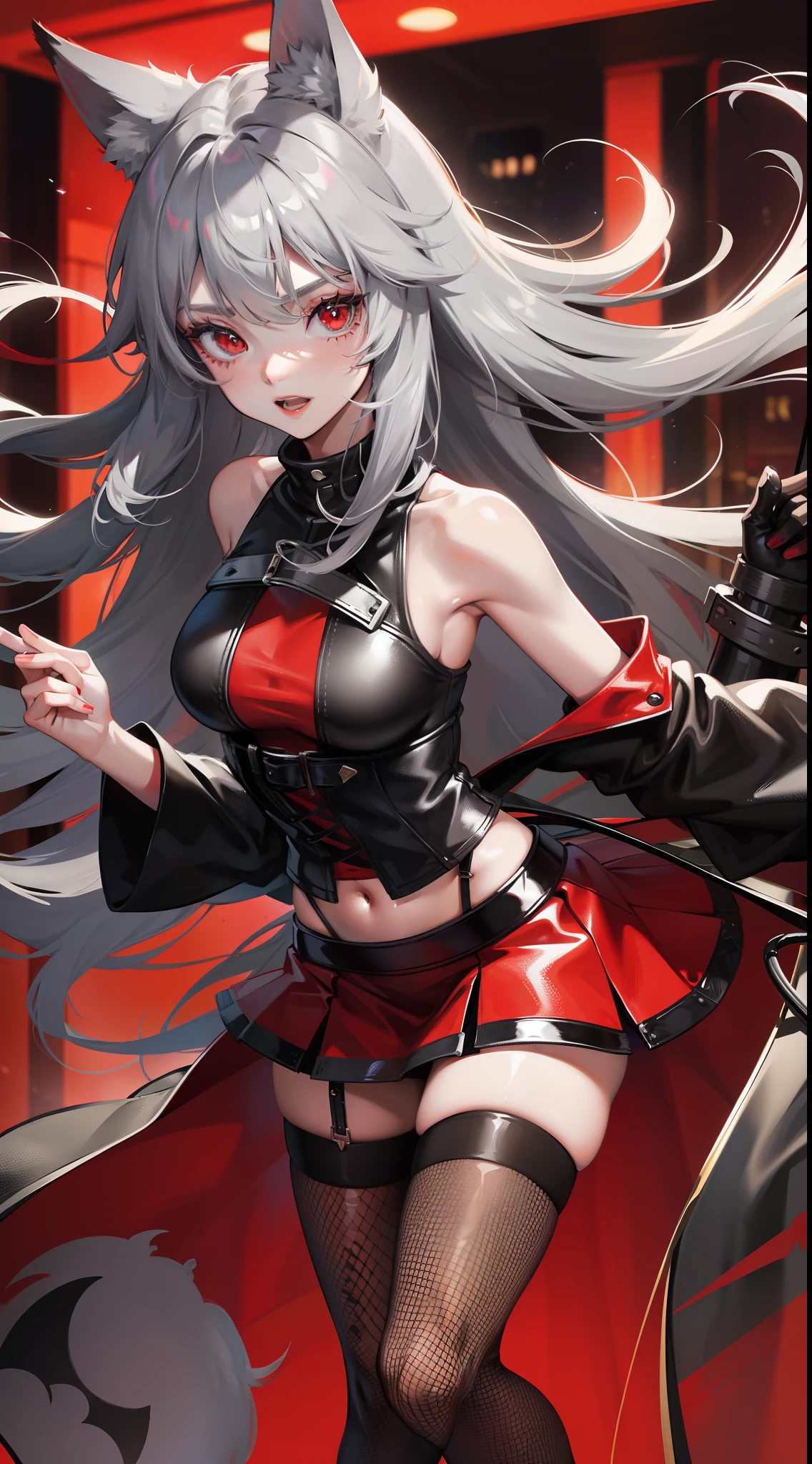 adult girl, Gray hair of medium length, red eyes, wolf ears, Red tight top, Sleeveless, fishnet tights, leather skirt, Masterpiece, hiquality