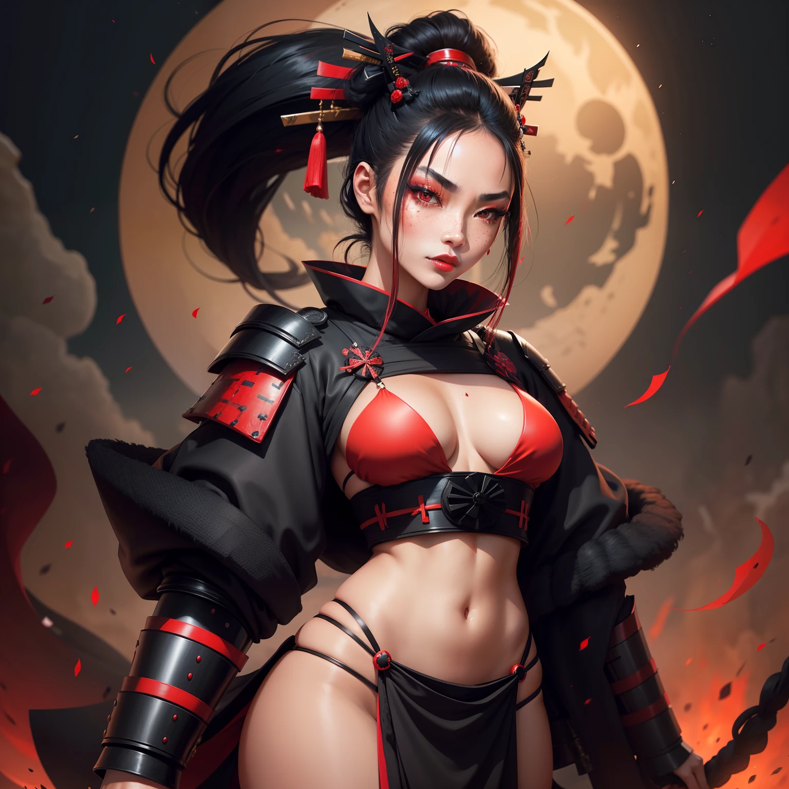 Female samurai warrior, jet black hair, dark skinned tanned, red black, bright moon, freckles on the face, red lipstick, full body, no extra hair, diamond shaped face, cover top, black eyeballs, geisha warrior, brown tan skinned, sexy hair style, extravagant outfit