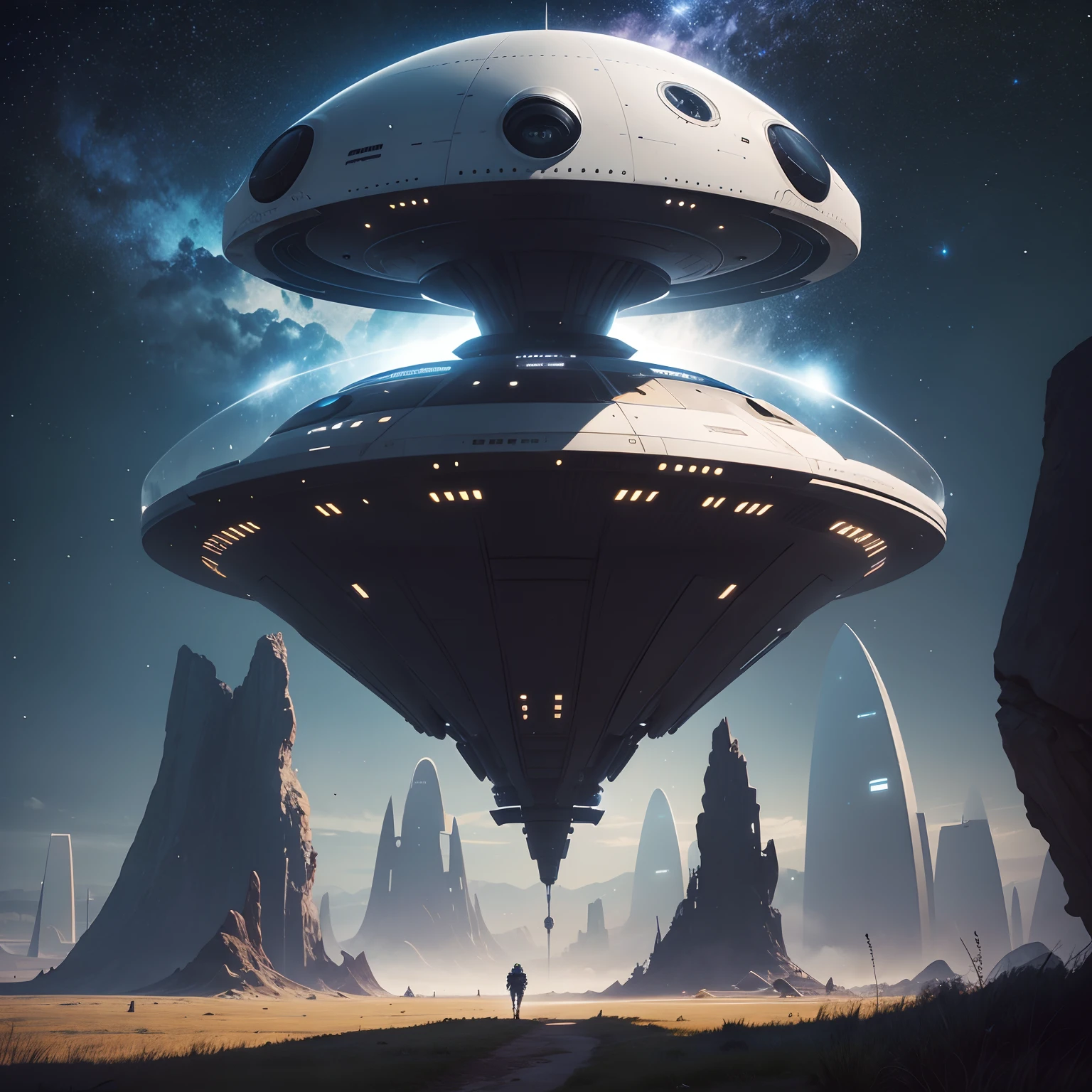 A modern spaceship landing in a field of stars, fantasy, wallpaper, printable --auto