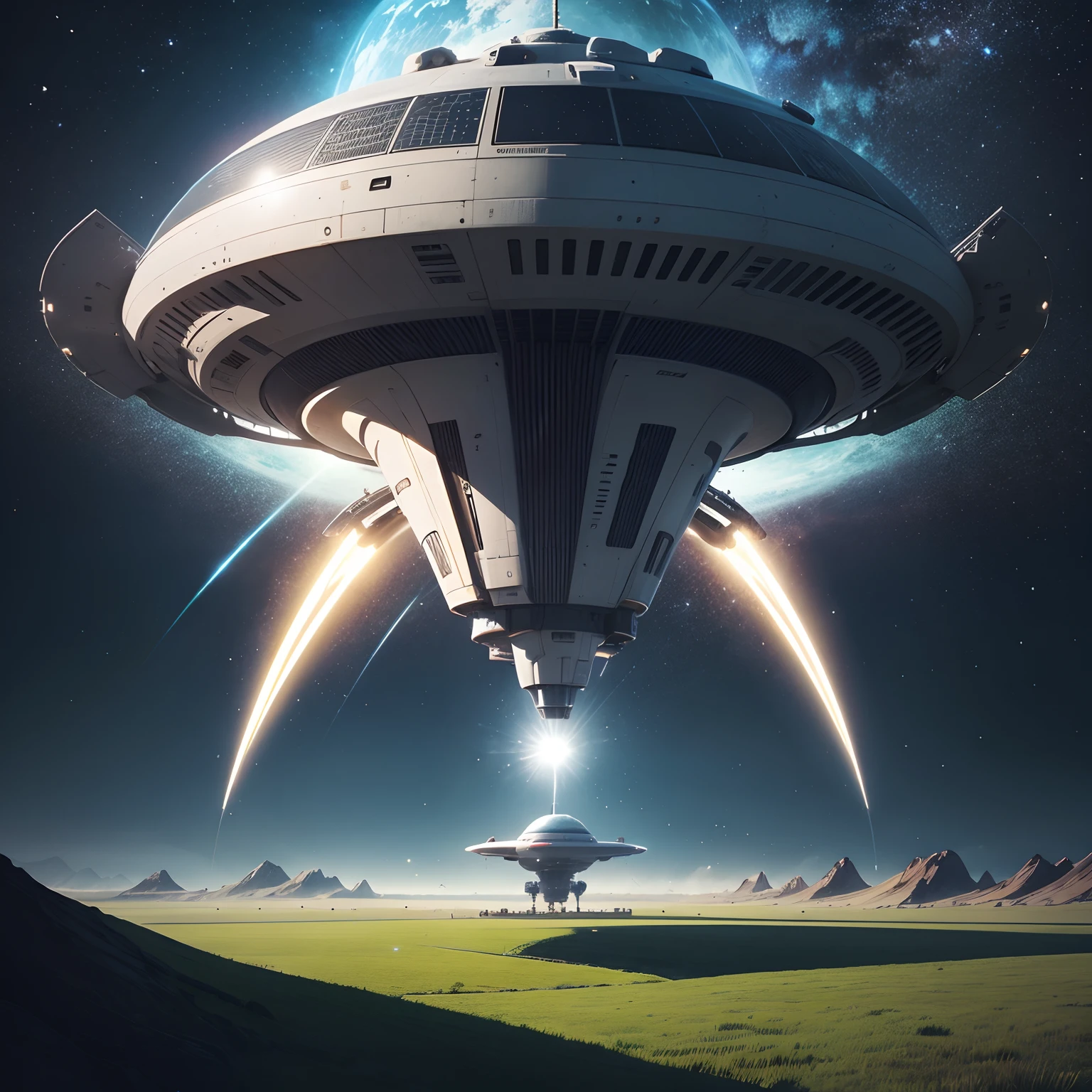 A modern spaceship landing in a field of stars, fantasy, wallpaper, printable --auto