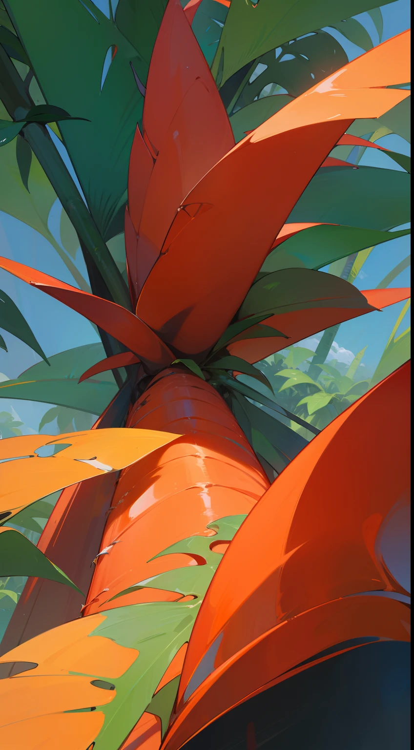 Bottom view of a red heliconia in the middle of a luxuriant tropical forest.