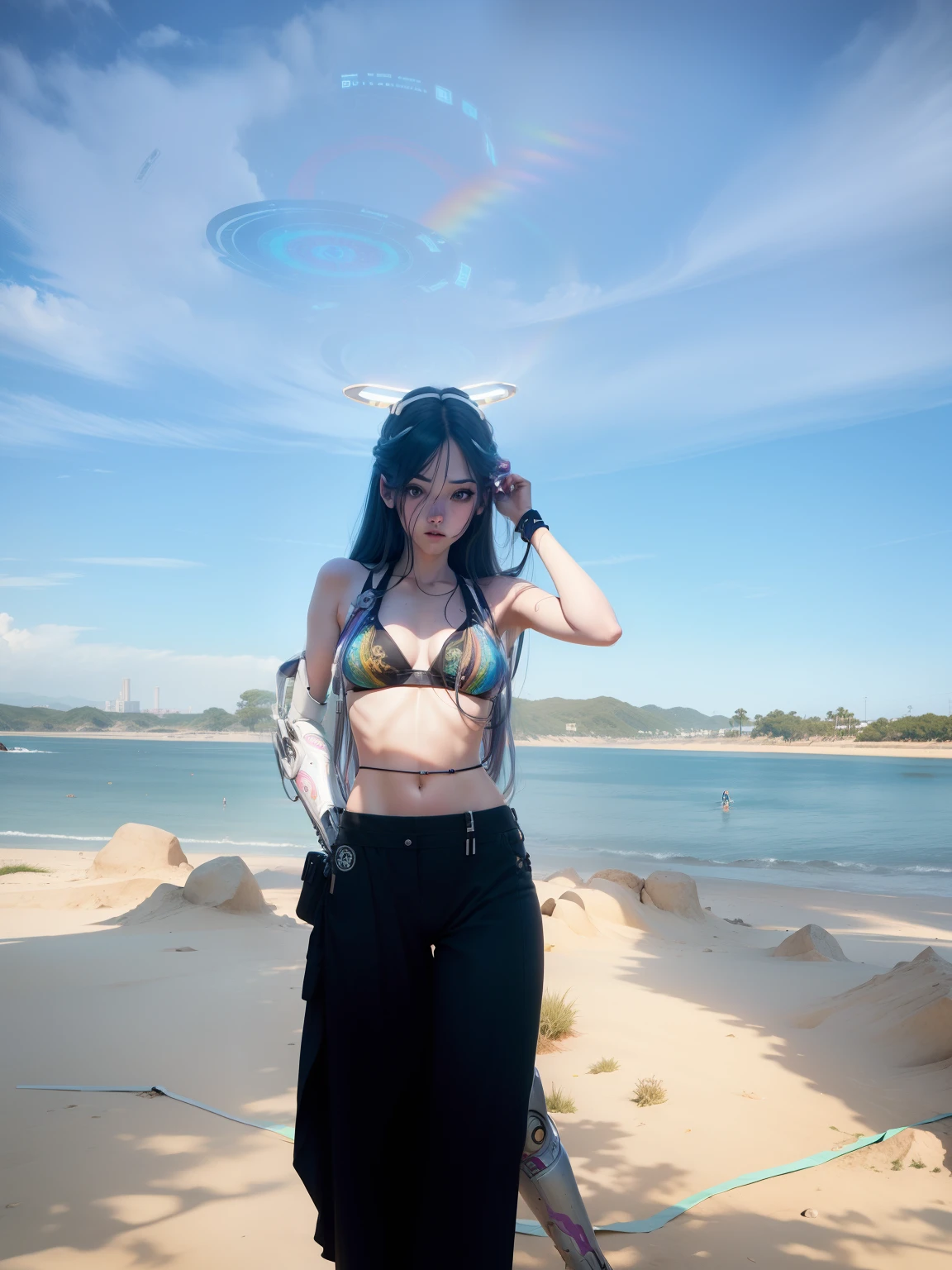 Anime, Masterpiece, Best Quality, Girls, Slender, Rainbow Color Eyes, Hair Color, Rainbow Color, Struggle, Long Hair Spreading, White Skin, Medium, Cute, Sexy, Halo, Near Future, Bikini, Skin Exposed, Psychedelic, Trip, Highly Colored, Paisley, Highly Colored, Cyberspace, Mandala Theme, Open Legs, Eyeshadow, False Lashes, Blushing, Mechanical Left Arm, Full Body, Cyborg, android, robot, machine, tube, wiring, control panel