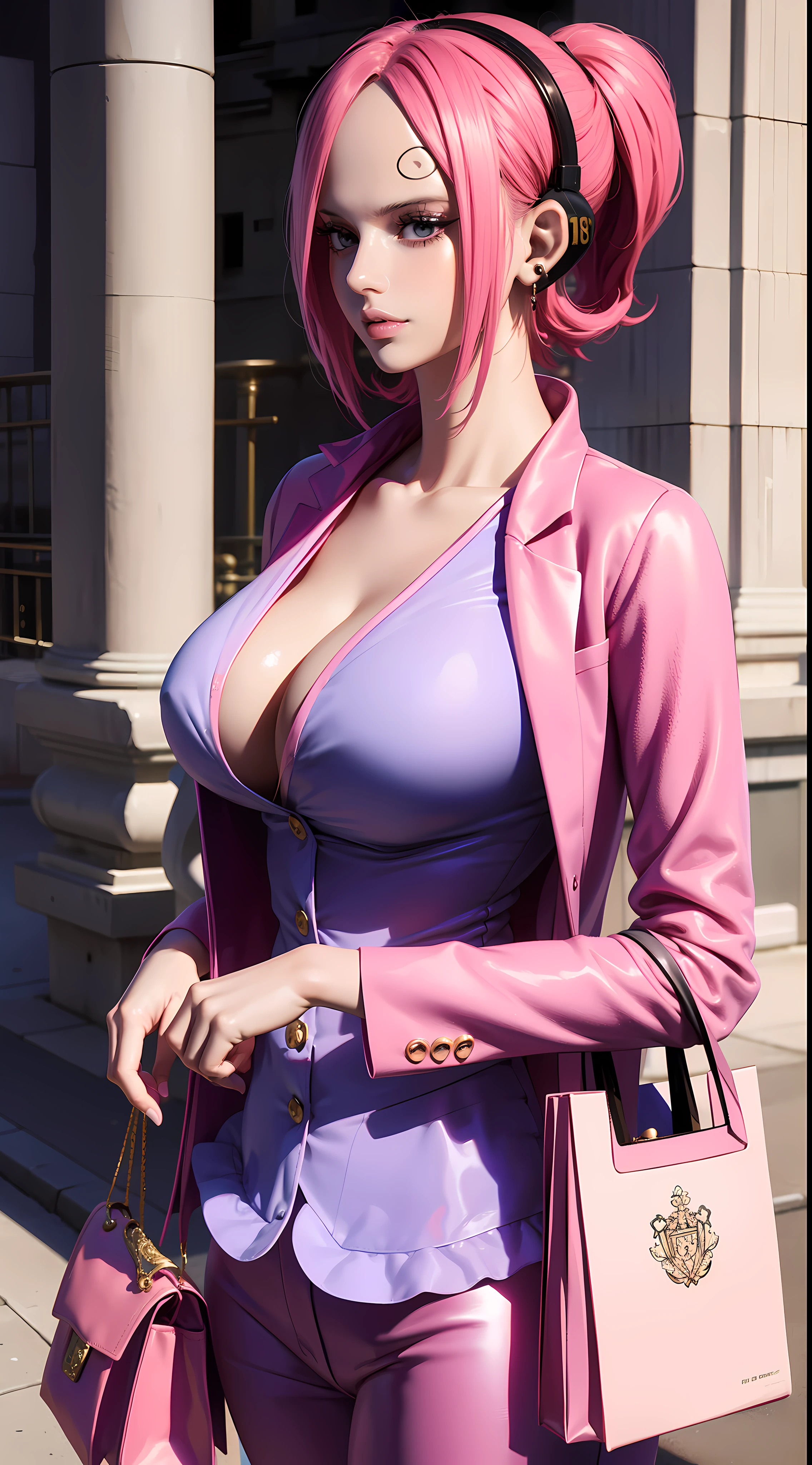 reiju from anime one piece, short hair, pink hair, wears headphones, ponytail, wears mascara, perfect body, perfect breasts, beautiful woman, very beautiful, wears a purple formal shirt, dapper dress, formal attire, wears a white blazer, pants white, wearing handbag, wearing watch, wearing earrings, being in the city, roadside, public space, Realism, masterpiece, textured leather, super detailed, high detailed, high quality, best quality, 1080p, HD, 16k