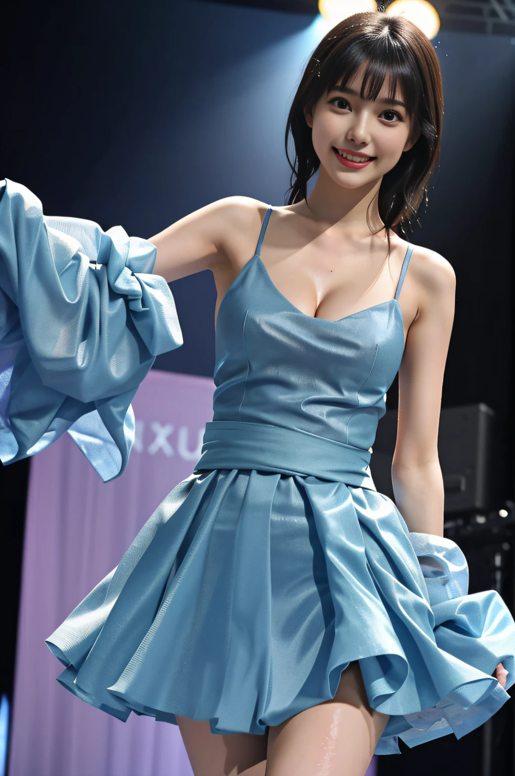 profile、Turned around、Butt,Flat Chest、(Slim body)、((Slim body))、Long Hair,Straight Bangs,Embarrassing,masterpiece,diamond、Earrings,background of fantasy,(((Brown Hair)))、 hair ornaments,Headband,Brown Hair, ((Blue Dress, Frillsのドレス)), Ruffled gloves, Frills, gloves, Cleavage, Idol, Idol clothes, jewelry, ribbon, nude, looking at viewer,Indoor break,break (Tabletop:1.2), Highest quality, High resolution, unity 8k wallpaper, (shape:0.8), (Beautiful details:1.6), Highly detailed face, Open chest、Nipples are visible、Topless、Perfect lighting, Extremely detailed CG, (Perfect hands, Perfect Anatomy),Laughing with your mouth open、Concert Venues、live house、stage、Cowboy Shot、Sing happily、