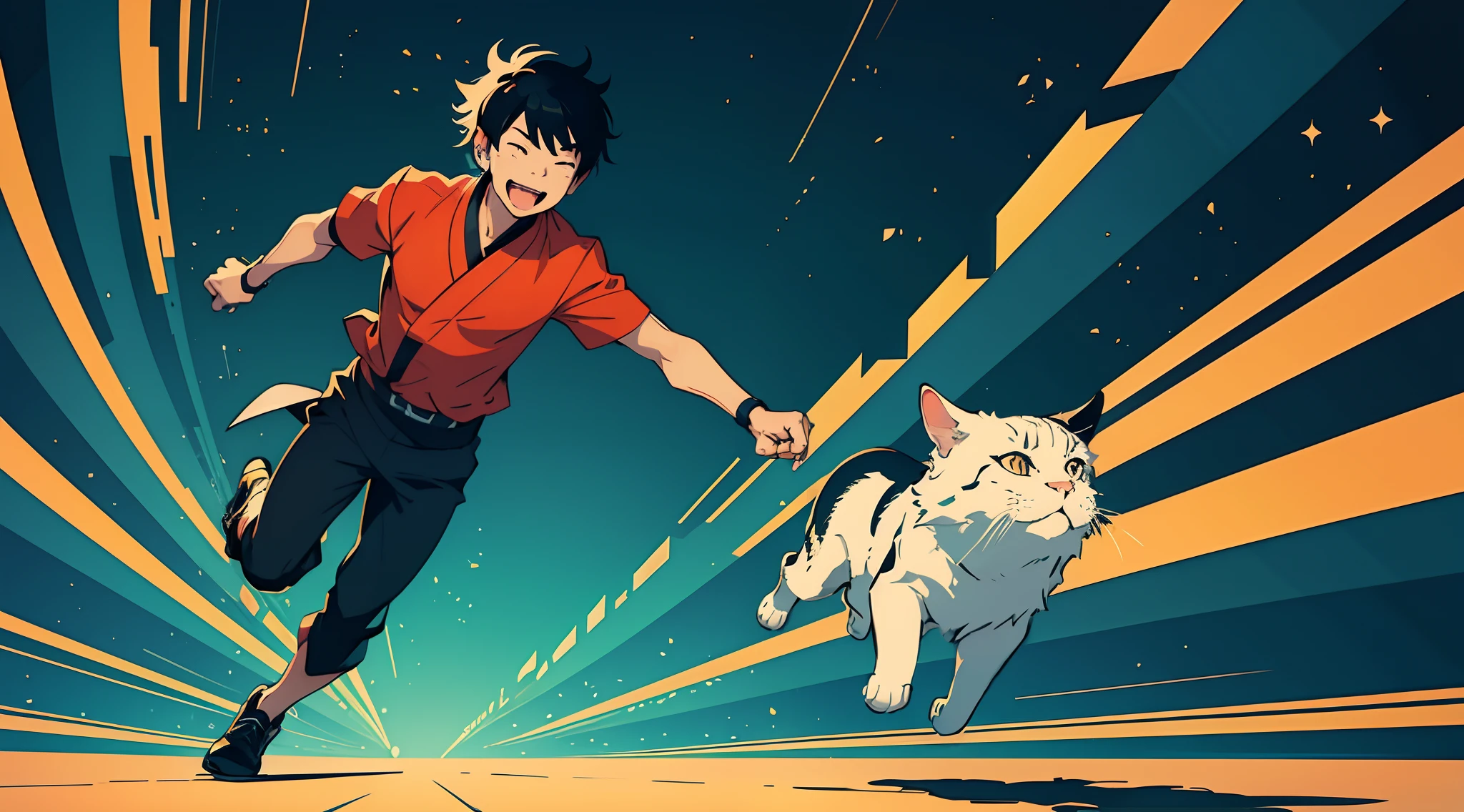 Flat vector illustration, create a scene of an asian man and his black cat running gradients to create a playful and cheerful