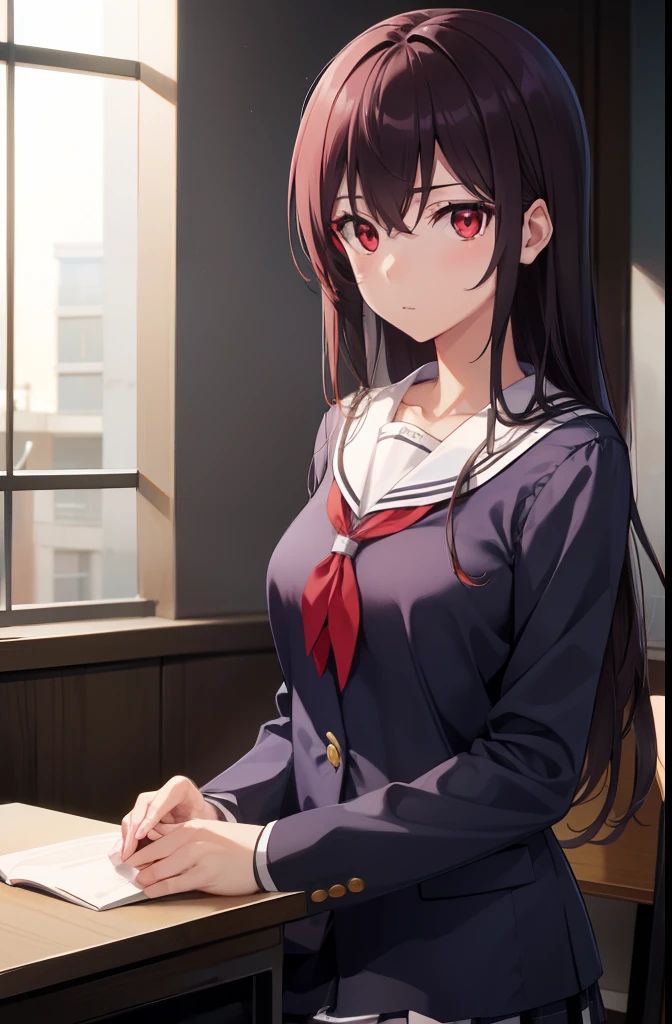 Uda City, Kasumigaoka City, Yutaha Kasumigaoka, Black hair, shairband, Long hair, (Red Eyes:1.5), 
Break long sleeves, School uniform, Skirt, pantyhose,
BREAK looking at viewer,
Break indoors, crass room,
BREAK (masutepiece:1.2), Best Quality, High resolution, Unity 8k壁纸, (Illustration:0.8), (Beautiful detailed eyes:1.6), extra detailed face, Perfect Lighting, extremely details CG, (Perfect hands, Perfect Anatomy),