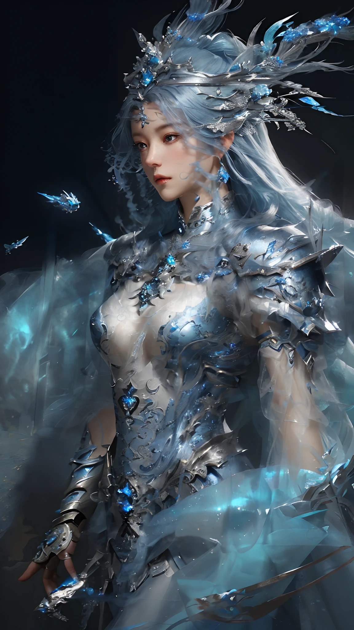 a close up of a woman in a silver and blue dress, chengwei pan on artstation, by Yang J, detailed fantasy art, stunning character art, fanart best artstation, epic exquisite character art, beautiful armor, extremely detailed artgerm, detailed digital anime art, artgerm on artstation pixiv, armor girl