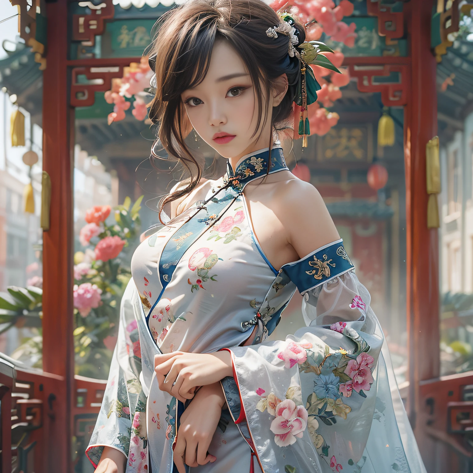 (masterpiece), (best quality), photorealism, realistic, (1girl), solo, perfect body, big breast, Chinese cheongsam, sexy