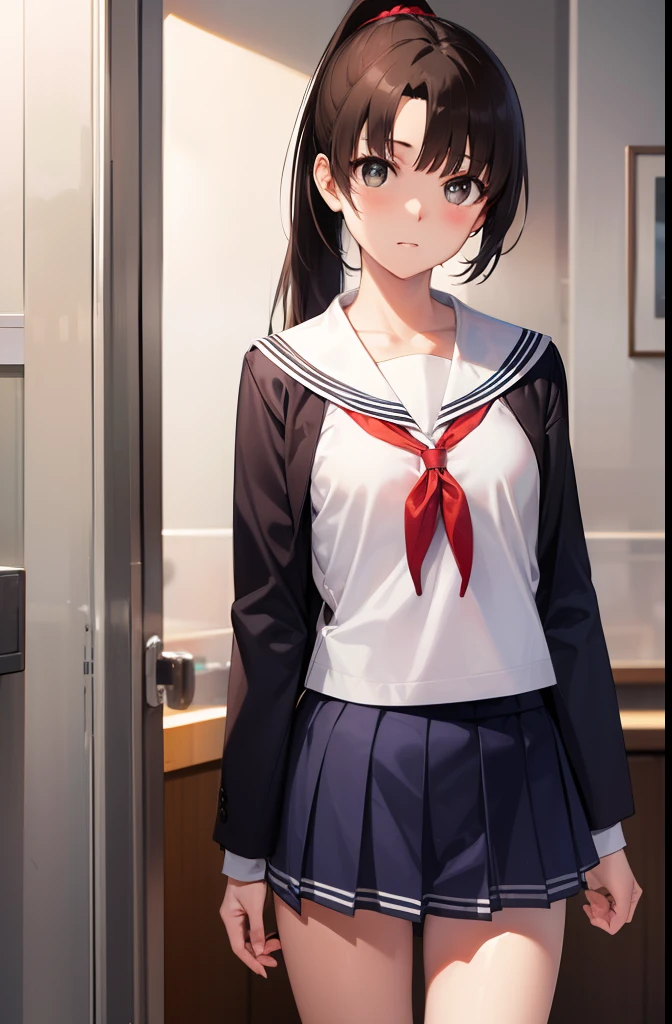 Megumi Kato, Megumi Kato, Brown hair, Long hair, Ponytail, (Brown eyes:1.5), (tiny chest:1.2),
Break Mini Skirt, School uniform, Skirt, Sailor Uniform, serafuku,
BREAK looking at viewer,
Break indoors, crass room,
BREAK (masutepiece:1.2), Best Quality, High resolution, Unity 8k壁纸, (Illustration:0.8), (Beautiful detailed eyes:1.6), extra detailed face, Perfect Lighting, extremely details CG, (Perfect hands, Perfect Anatomy),