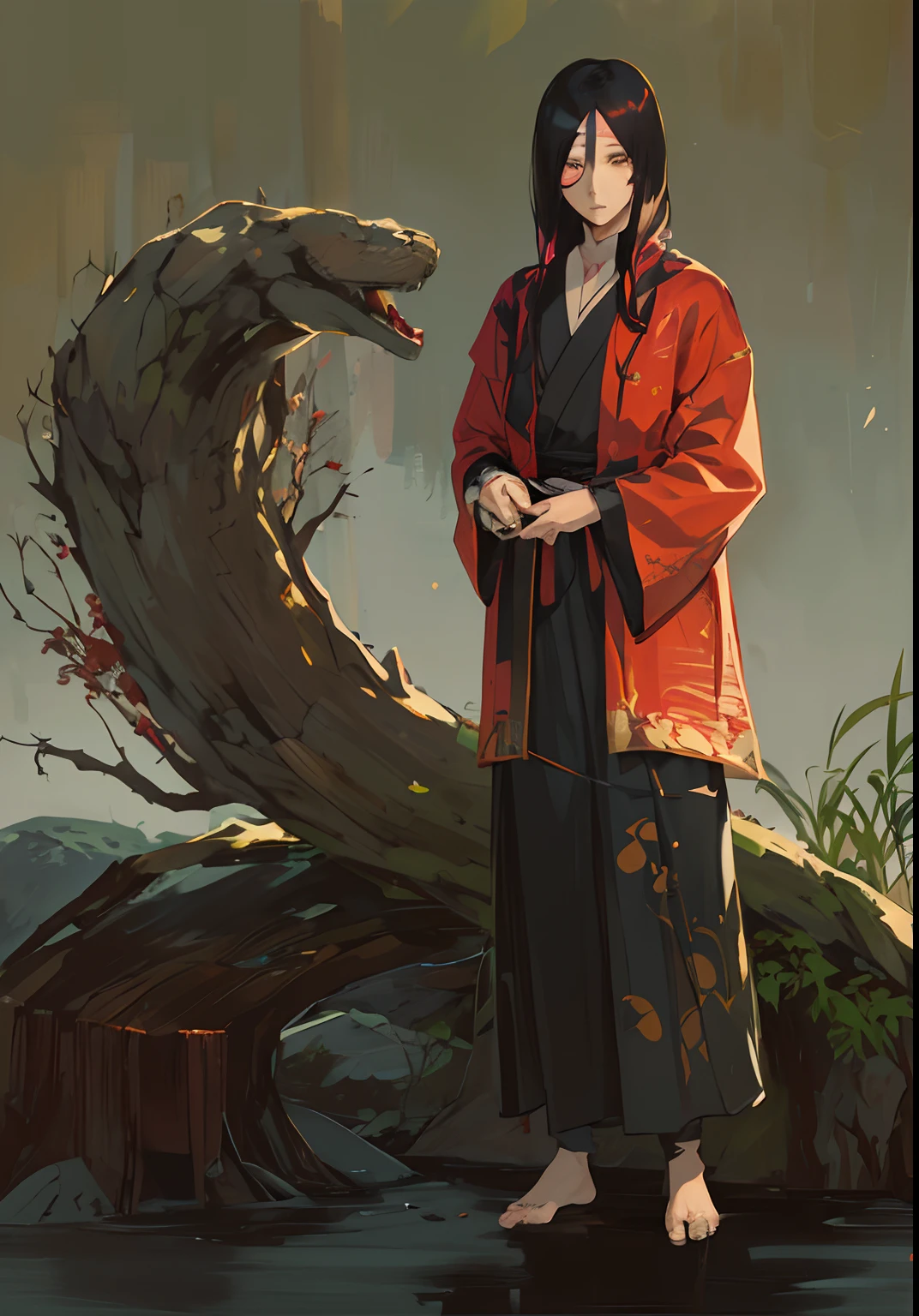 (Ultra Detalhado), (illustration), (Diferente_Imagem), (intrincado_detalhes), (delicate illustration),(master part:1.2),(best quality:1.2), Orochimaru, fundo escuro,