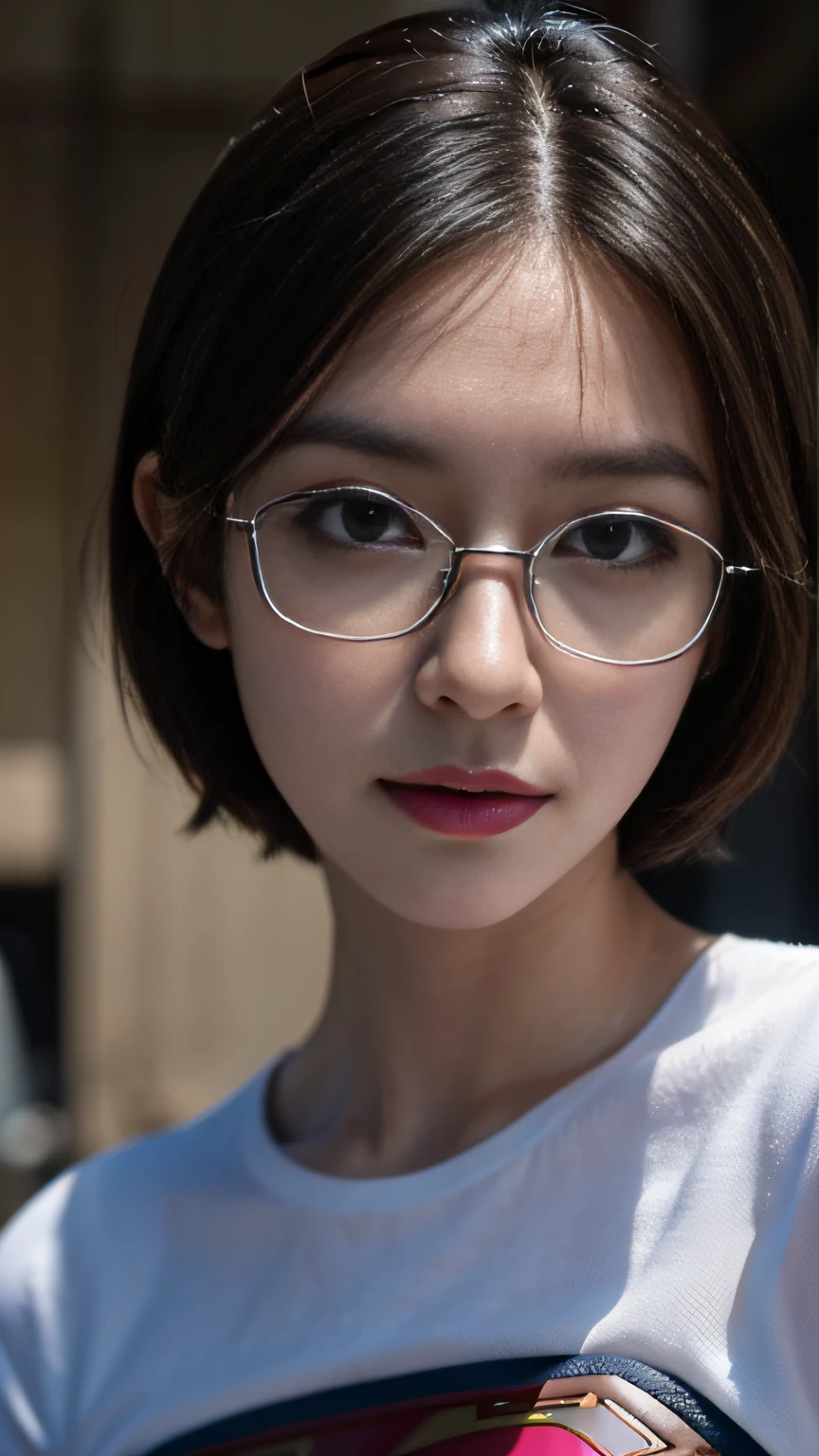 (((beauty with glasses, European appearance, in full height, Wearing the artist's clothes))) (((hair light, European eye shape))), average breasts, Short hair, bob hair cut, ((In the garage, dope, nipple tassels, canvas, Unfinished paintings))), 8K, Best quality, Real picture, Intricate details, Ultra-detailed, 超高分辨率, Depth field, (Photorealistic, Realistic:1.2), Masterpiece, (Supergirl), Superhero, Best quality, Realistic, Photorealistic, (Intricate details:1.2), (细腻细致), (电影灯光), sharp-focus, Realistic face, Detailed face, Wallpapers,(Close-up shot),(facial closeups),((Close-up of glasses)),Glasses should have a metallic sheen