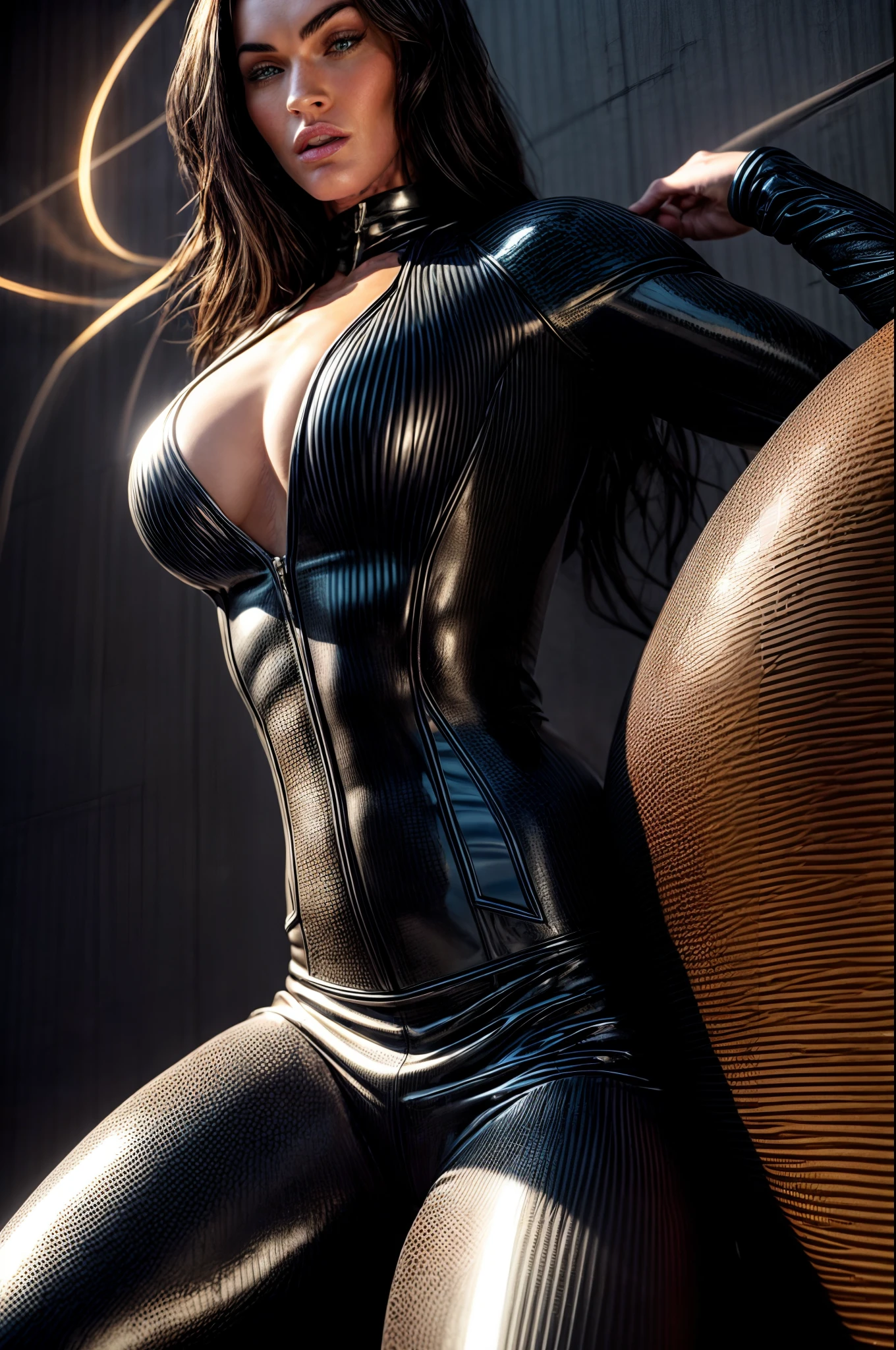 An intricate image of Megan Fox as flash in a tight latex flash suit, sexy pose, extremely detailed suit, micro-details, photorealism, one light, dark photo, deep shadows, shallow depth of field, photorealistic, Surrealism, high quality, masterpiece, 8k, 8k, super detail, full body portrait, extremely muscular, scratched, dented, battle scars, flying with his boosters