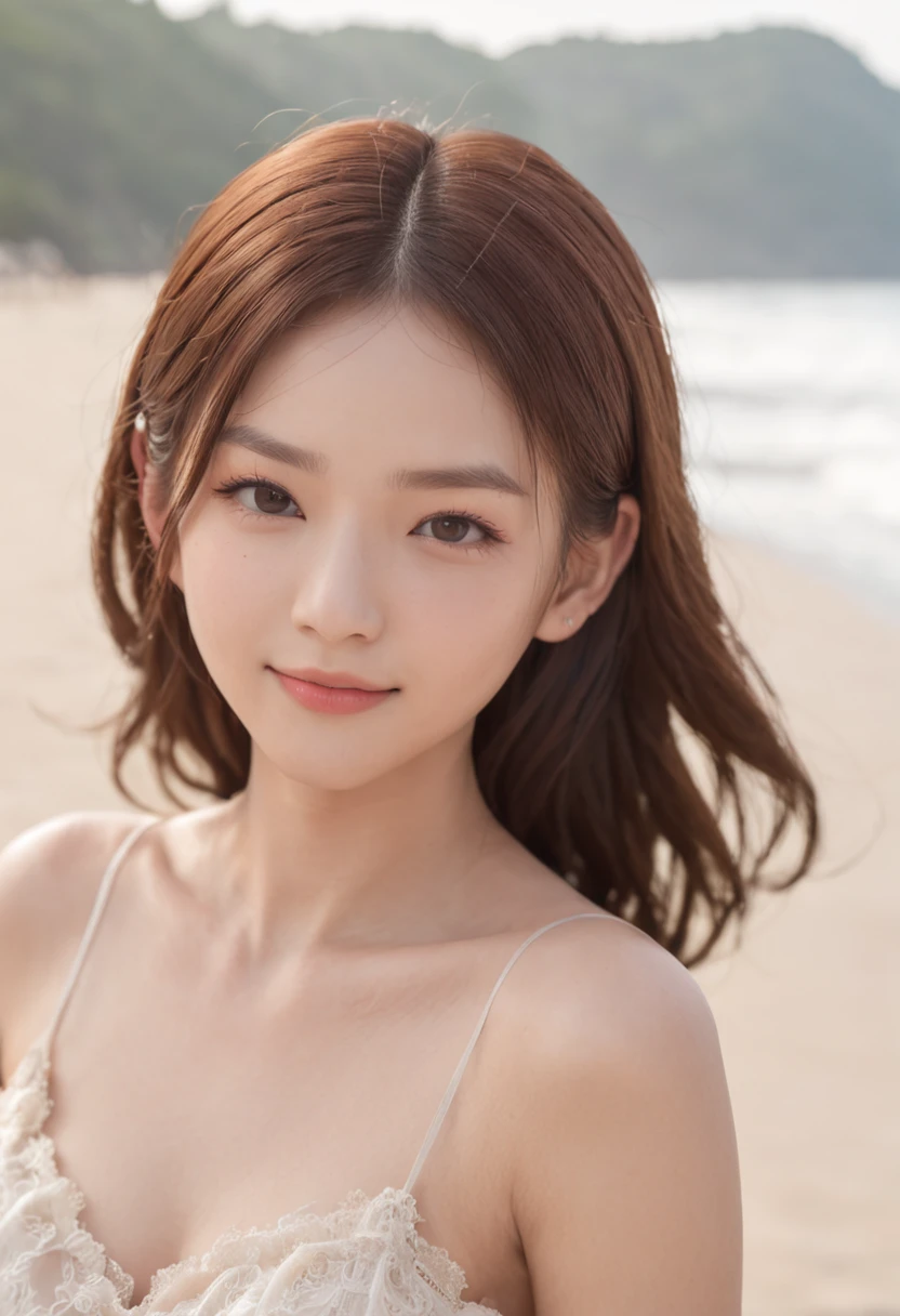 ((top-quality、Top image quality、超A high resolution))、Beautiful girl walking on the beach、Neat and clean beautiful girl、独奏、((flat breast、small tits:.1.8))、cute smile face、Round contour、A charming smile、White teeth、Idol、Ultra-detailed and beautiful skin、tthin eyebrows、light skinned、A dark-haired、short-cut、maikurobikini、Super detailed and beautiful face