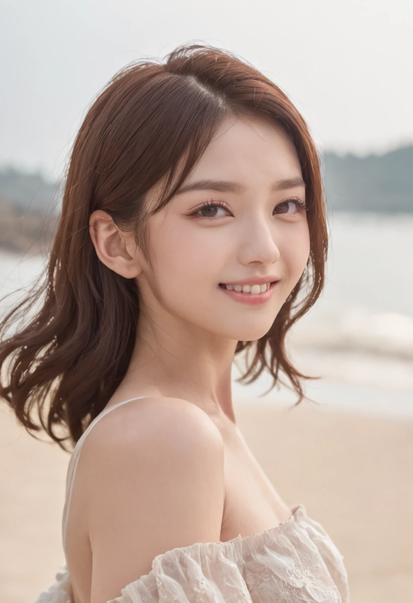 ((top-quality、Top image quality、超A high resolution))、Beautiful girl walking on the beach、Neat and clean beautiful girl、独奏、((flat breast、small tits：.1.8))、cute smile face、Round contour、A charming smile、White teeth、Idol、Ultra-detailed and beautiful skin、tthin eyebrows、light skinned、A dark-haired、short-cut、maikurobikini、Super detailed and beautiful face
